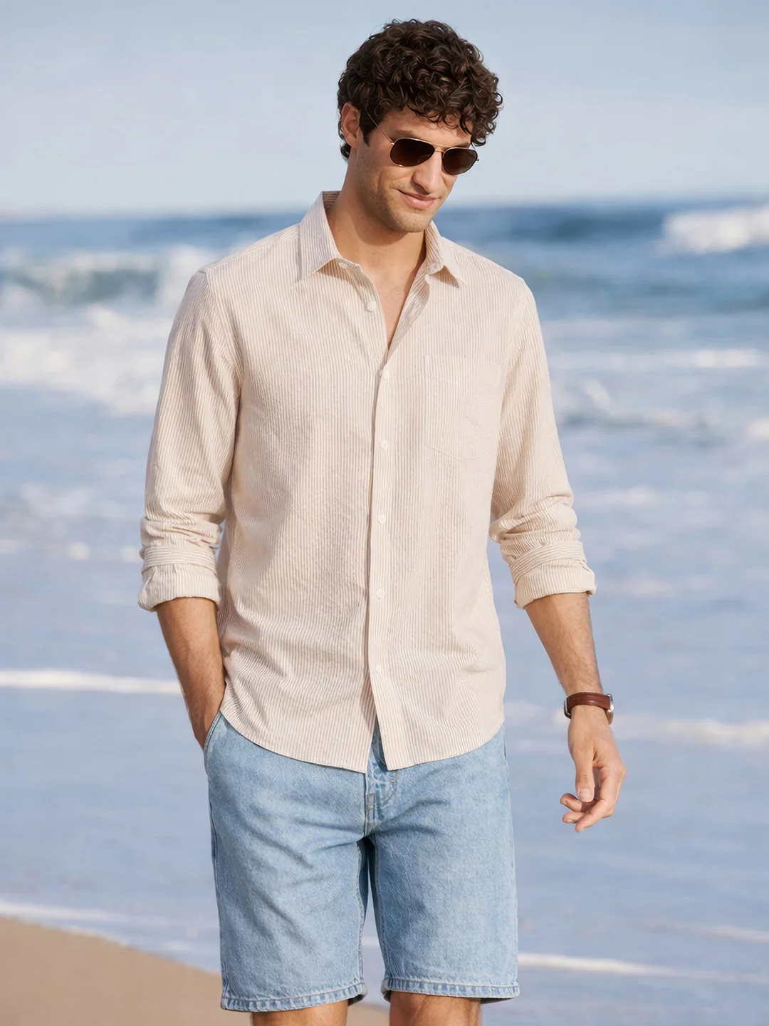 Men's Beige Regular Fit Striped Casual Shirt