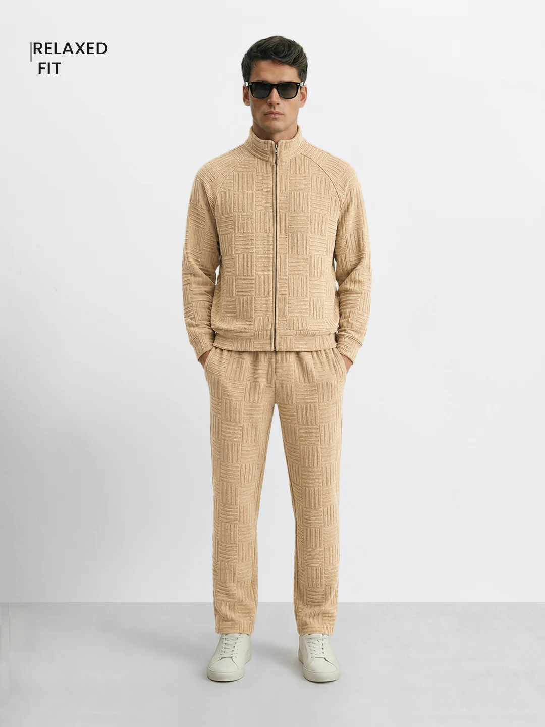 Men's Beige Relaxed Fit Solid Casual Coordinates