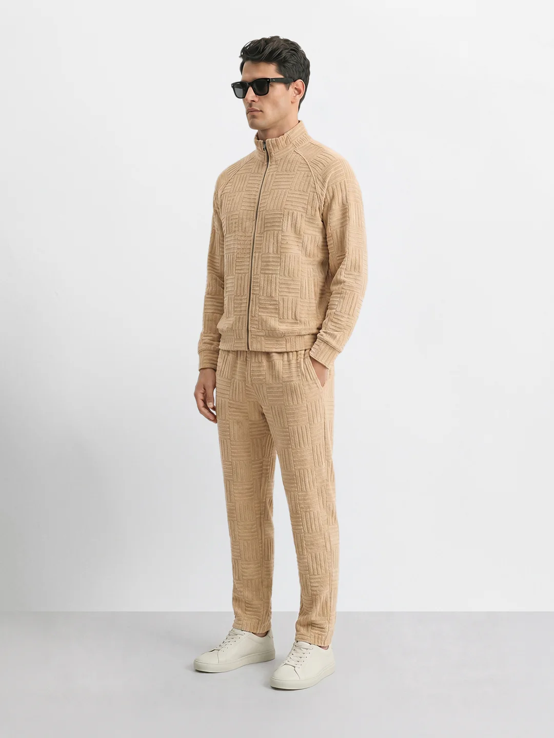 Men's Beige Relaxed Fit Solid Casual Coordinates - Image 2