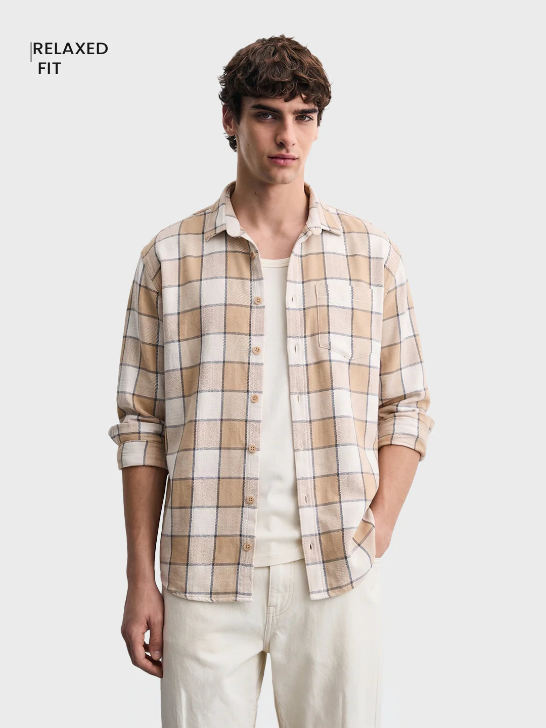 Men's Beige Oversized Fit Casual Shirt - Image 2