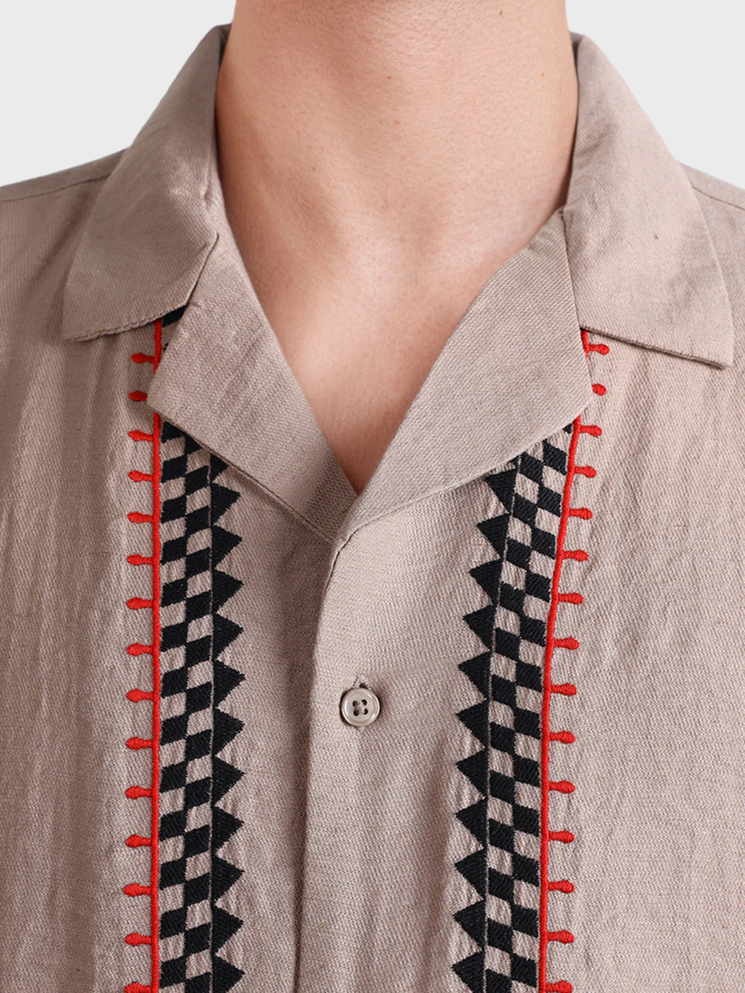 Men's Beige Relaxed Fit Embroidered Casual Shirt - Image 3