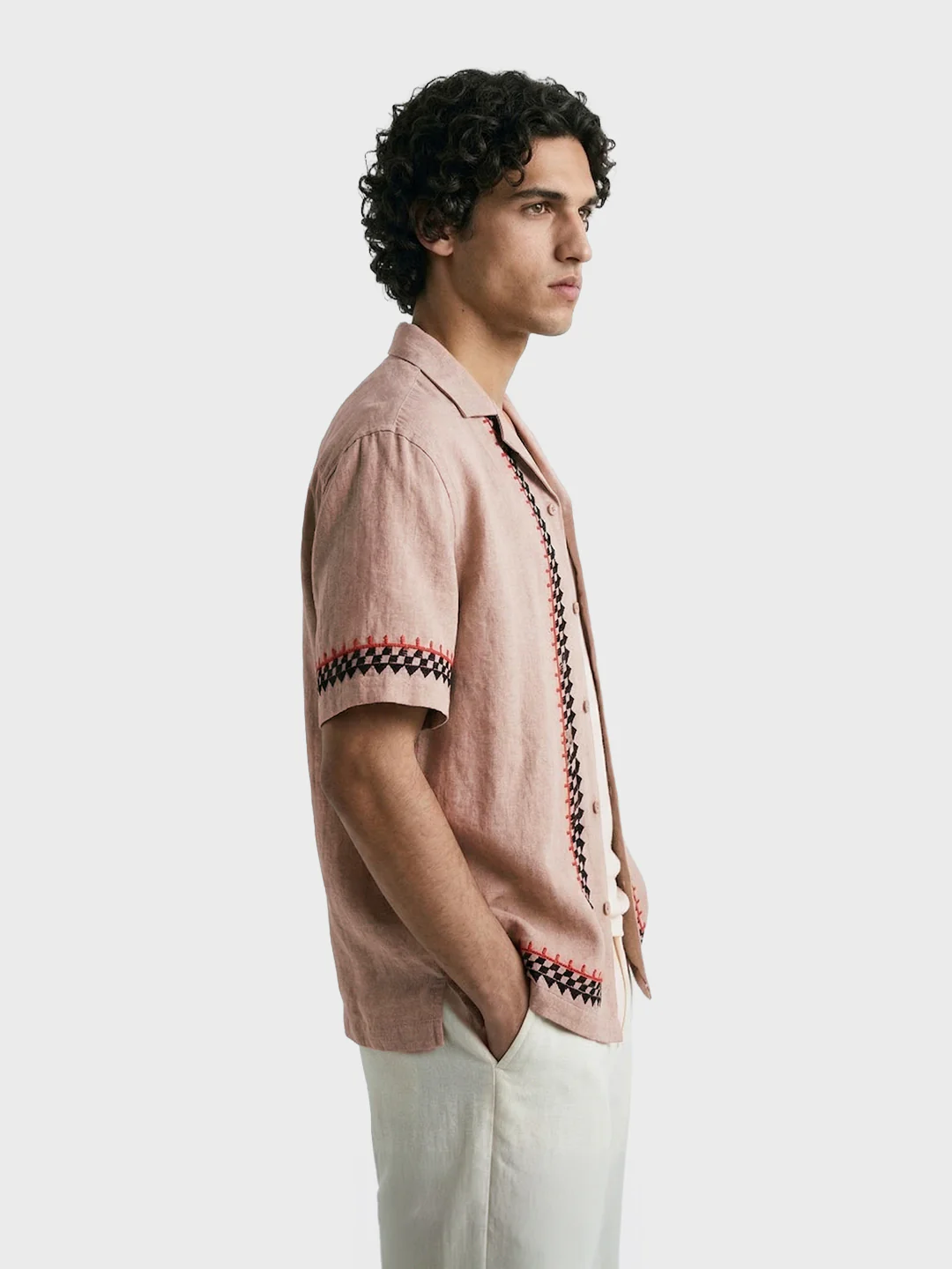 Men's Beige Relaxed Fit Embroidered Casual Shirt - Image 4