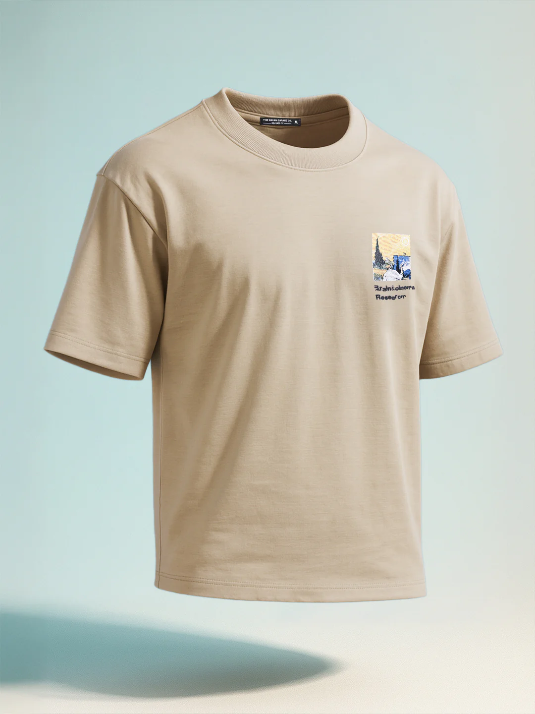 Men's Beige Relaxed Fit Embroided 240 GSM Casual T-Shirt - Image 3