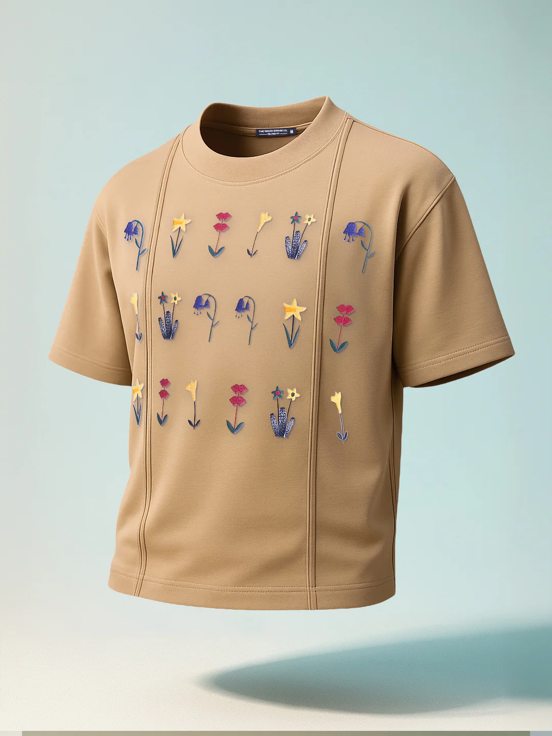 Men's Beige Relaxed Fit Embroided 240 GSM Resort Wear T-Shirt - Image 3