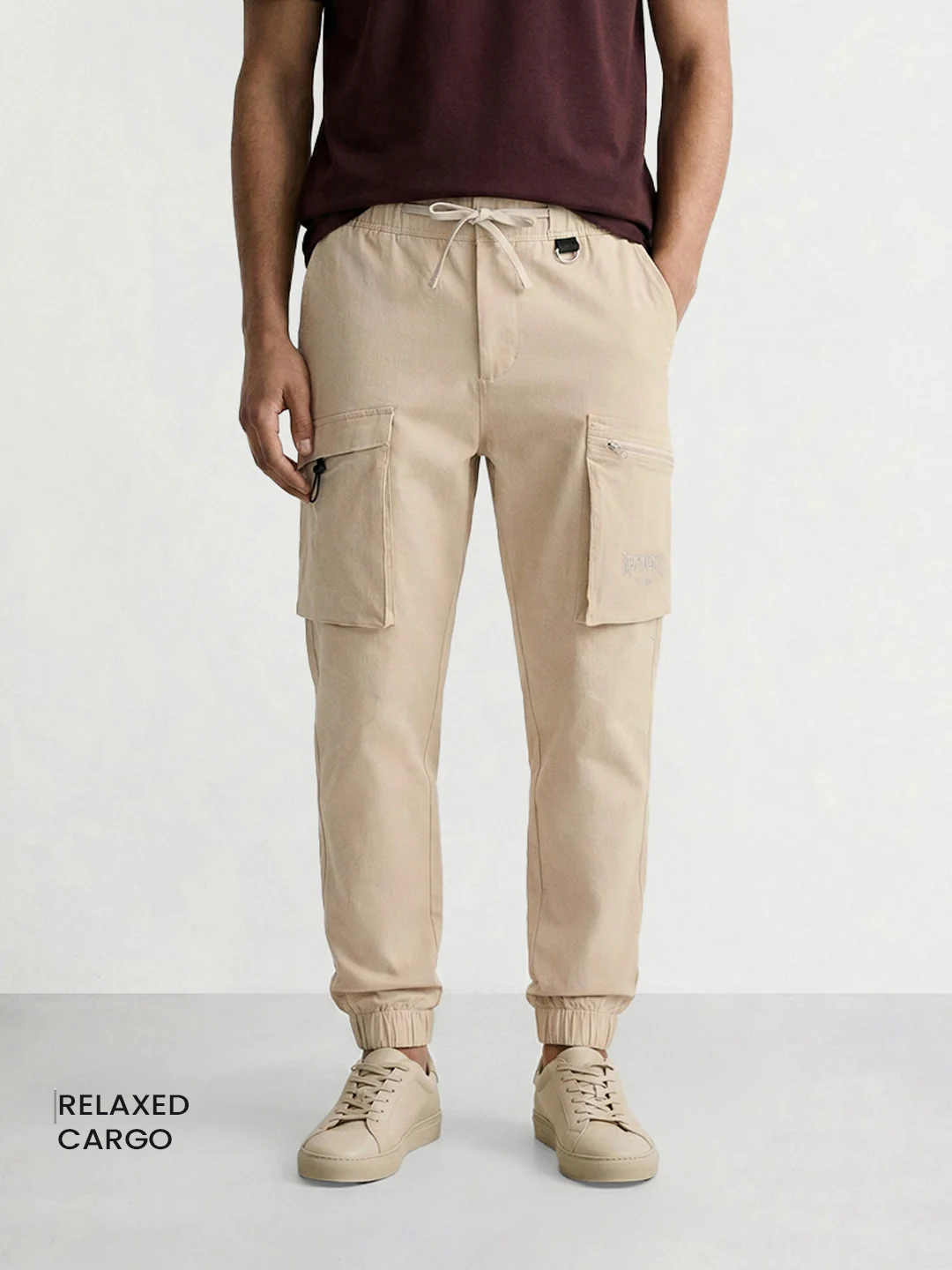 Men's Beige Relaxed Fit Solid Utility Cargo