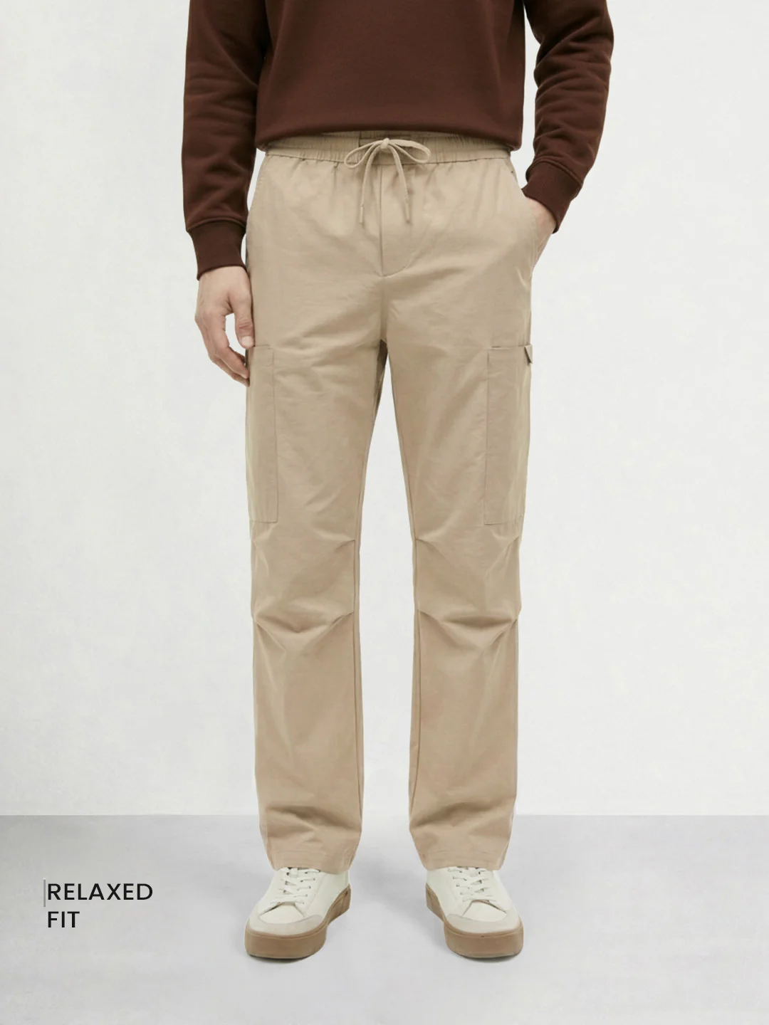 Men's Beige Relaxed Fit Solid Utility Cargo