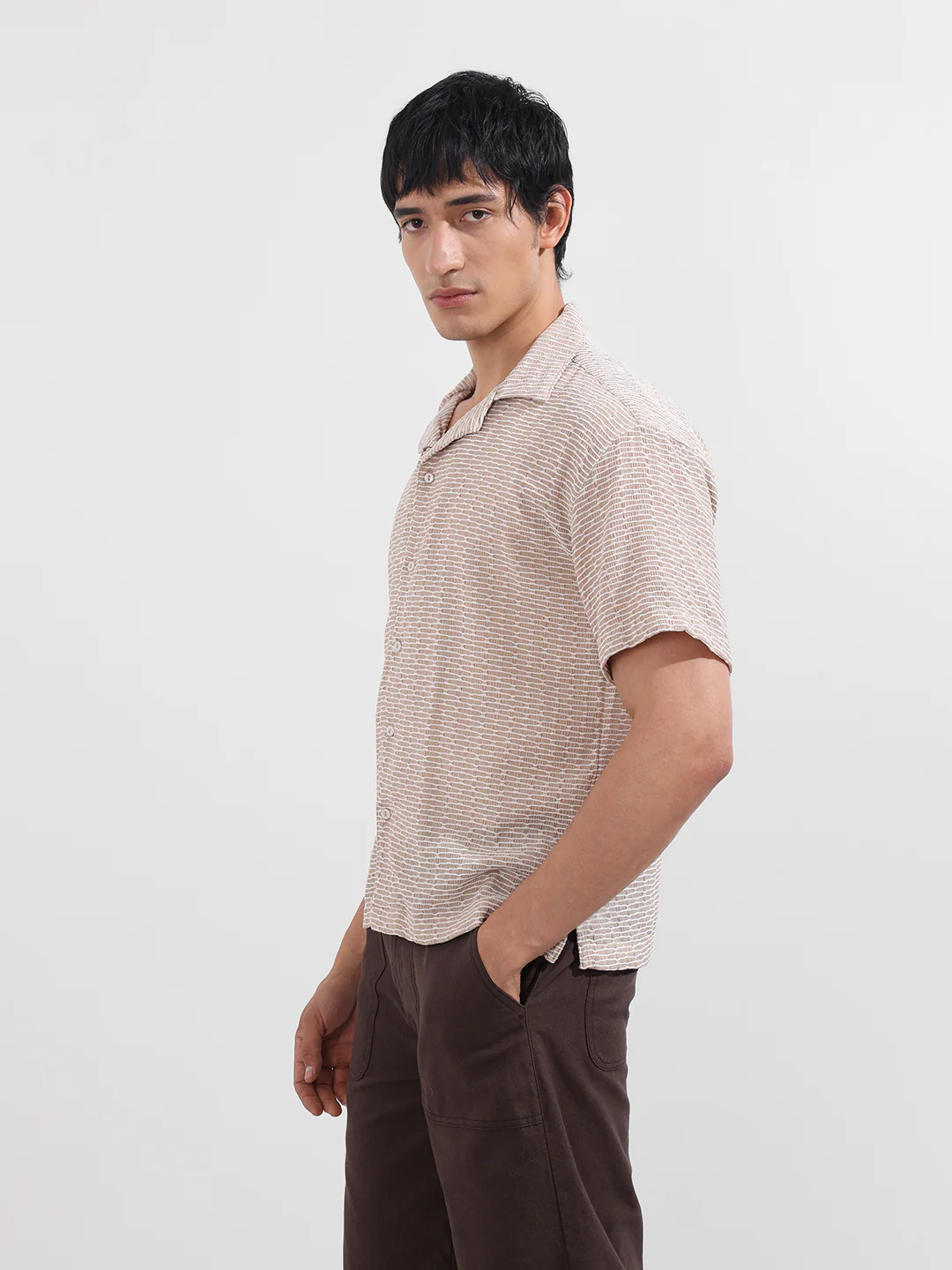 Men's Beige Relaxed Fit Textured Resort Wear Shirt - Image 4