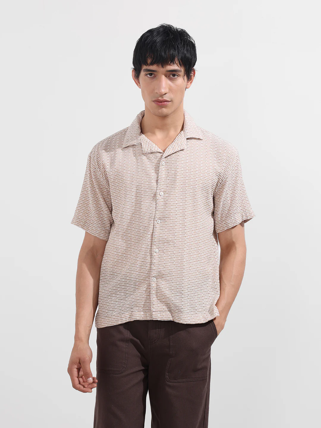 Men's Beige Relaxed Fit Textured Resort Wear Shirt - Image 7