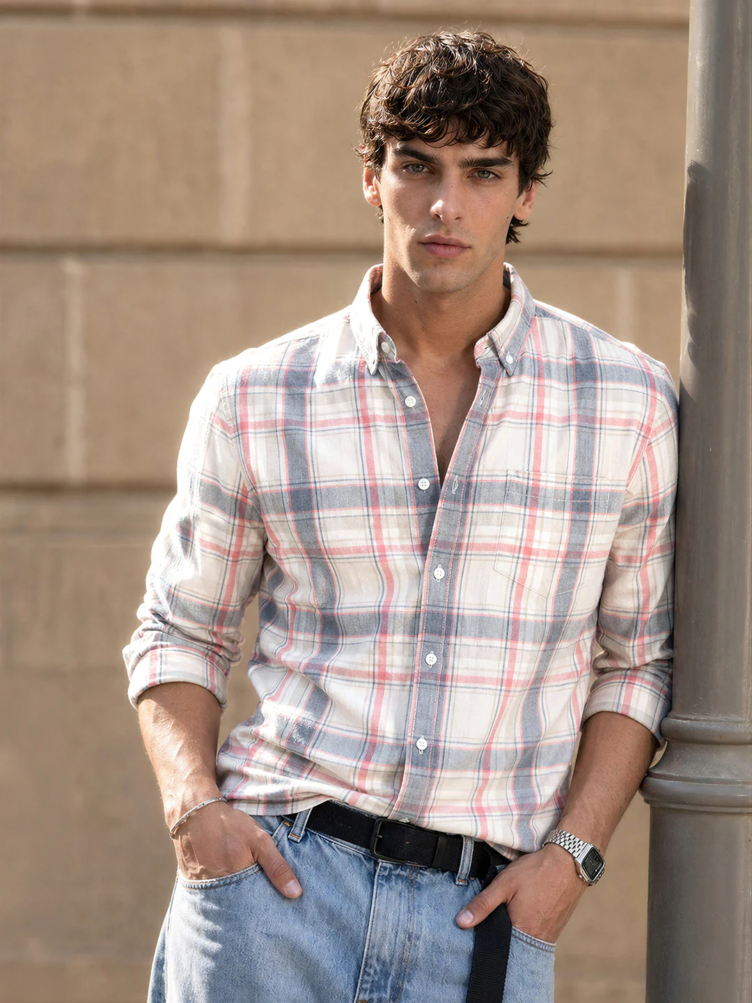 Men's Beige Slim Fit Checkered Casual Shirts