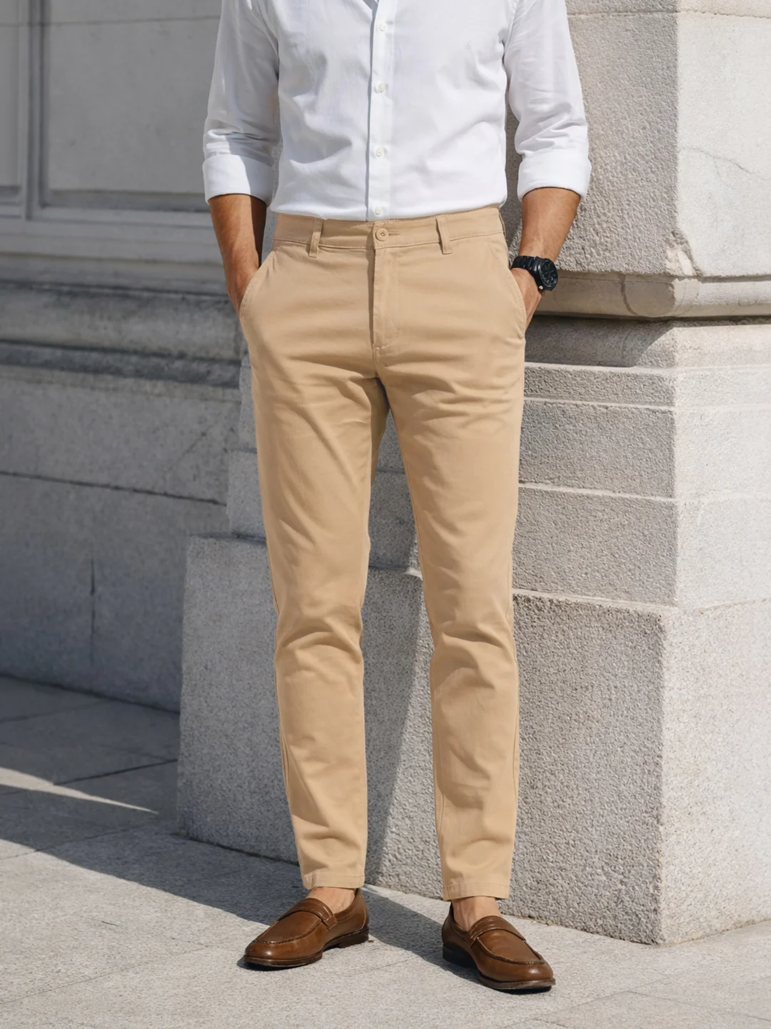 Men's Beige Slim Fit Solid Casual Chinos