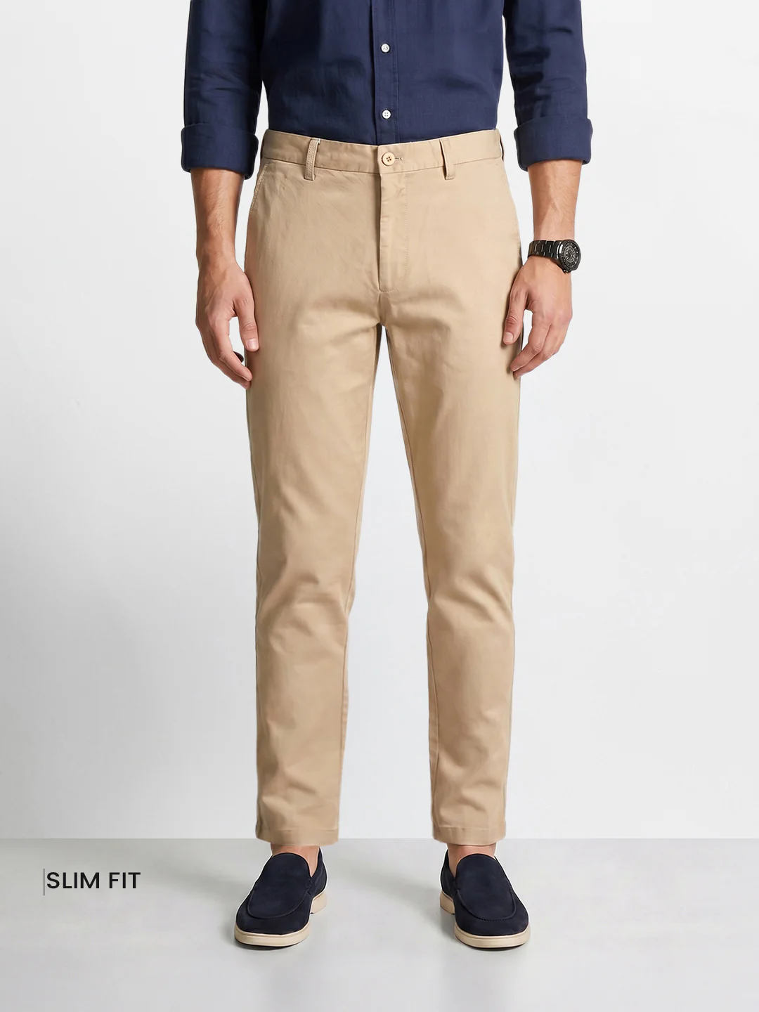 Men's Beige Slim Fit Solid Casual Chinos - Image 2