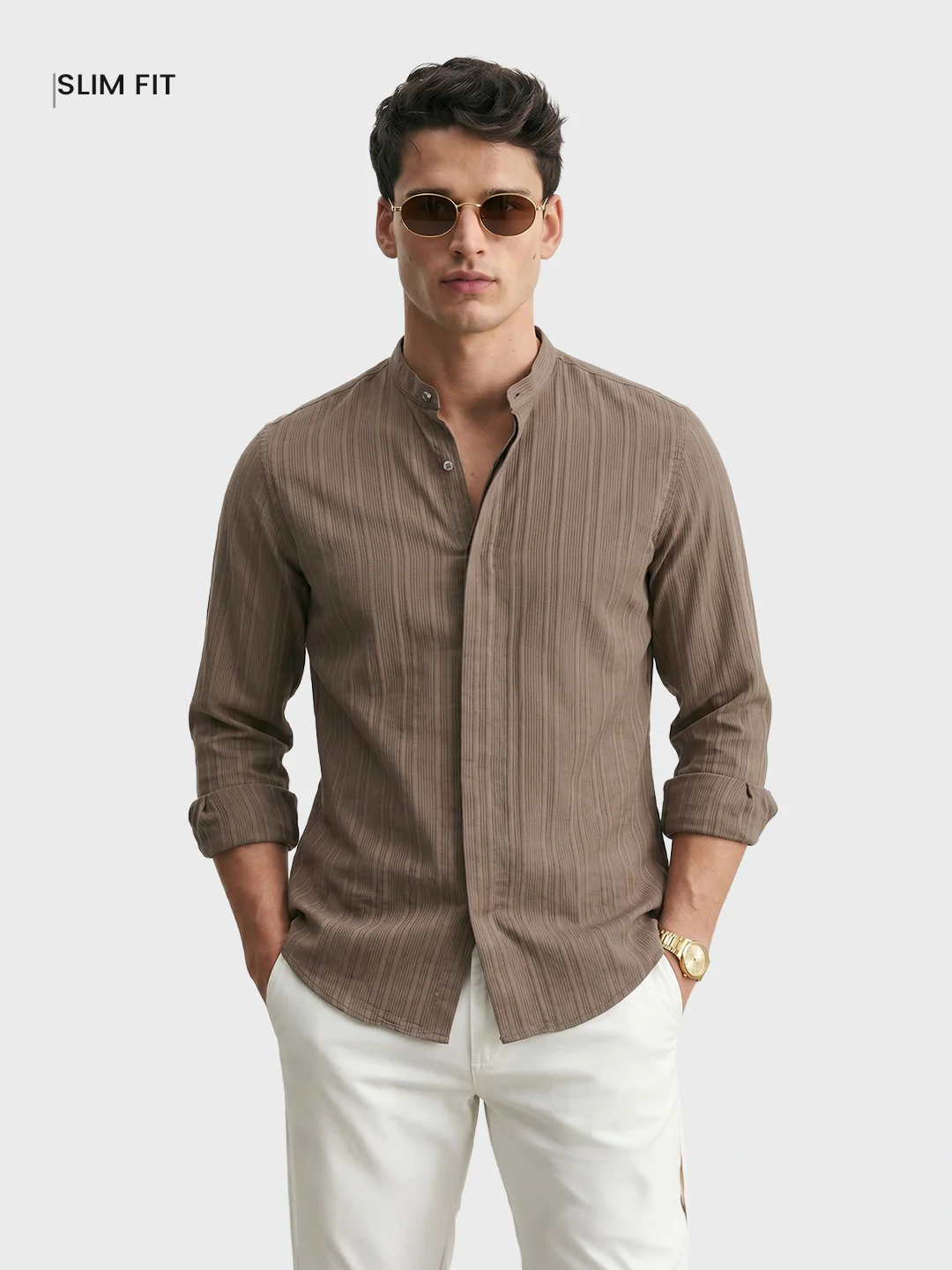 Men's Beige Slim Fit Solid Casual Shirt - Image 2