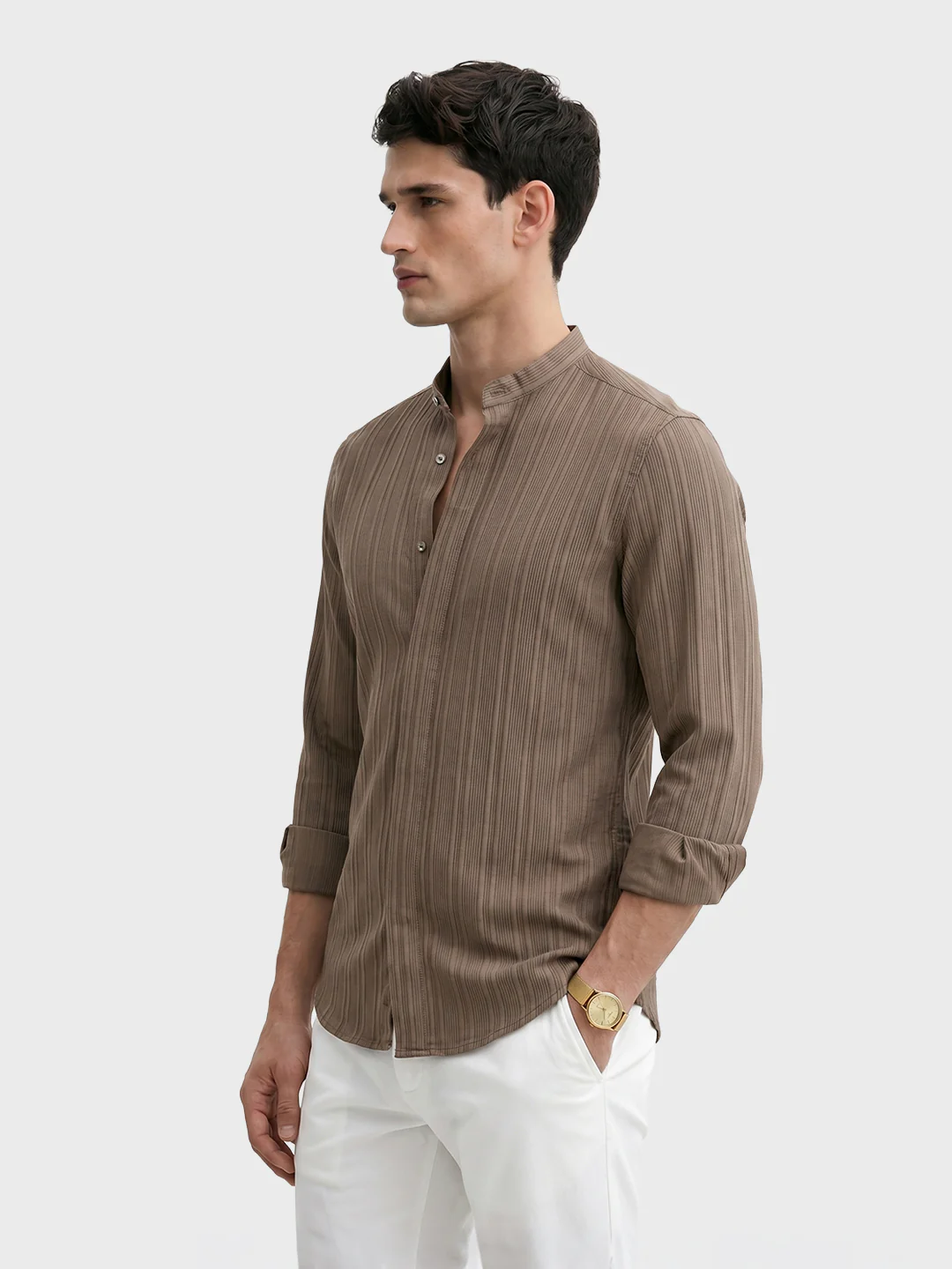 Men's Beige Slim Fit Solid Casual Shirt - Image 4
