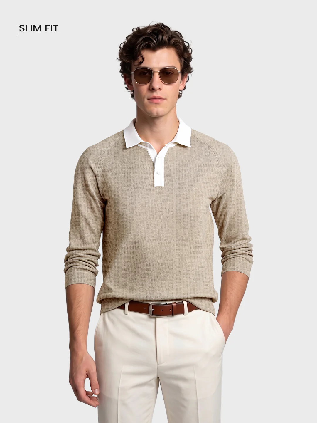 Men's Beige Slim Fit Solid Casual Polo T-Shirt - Image 2