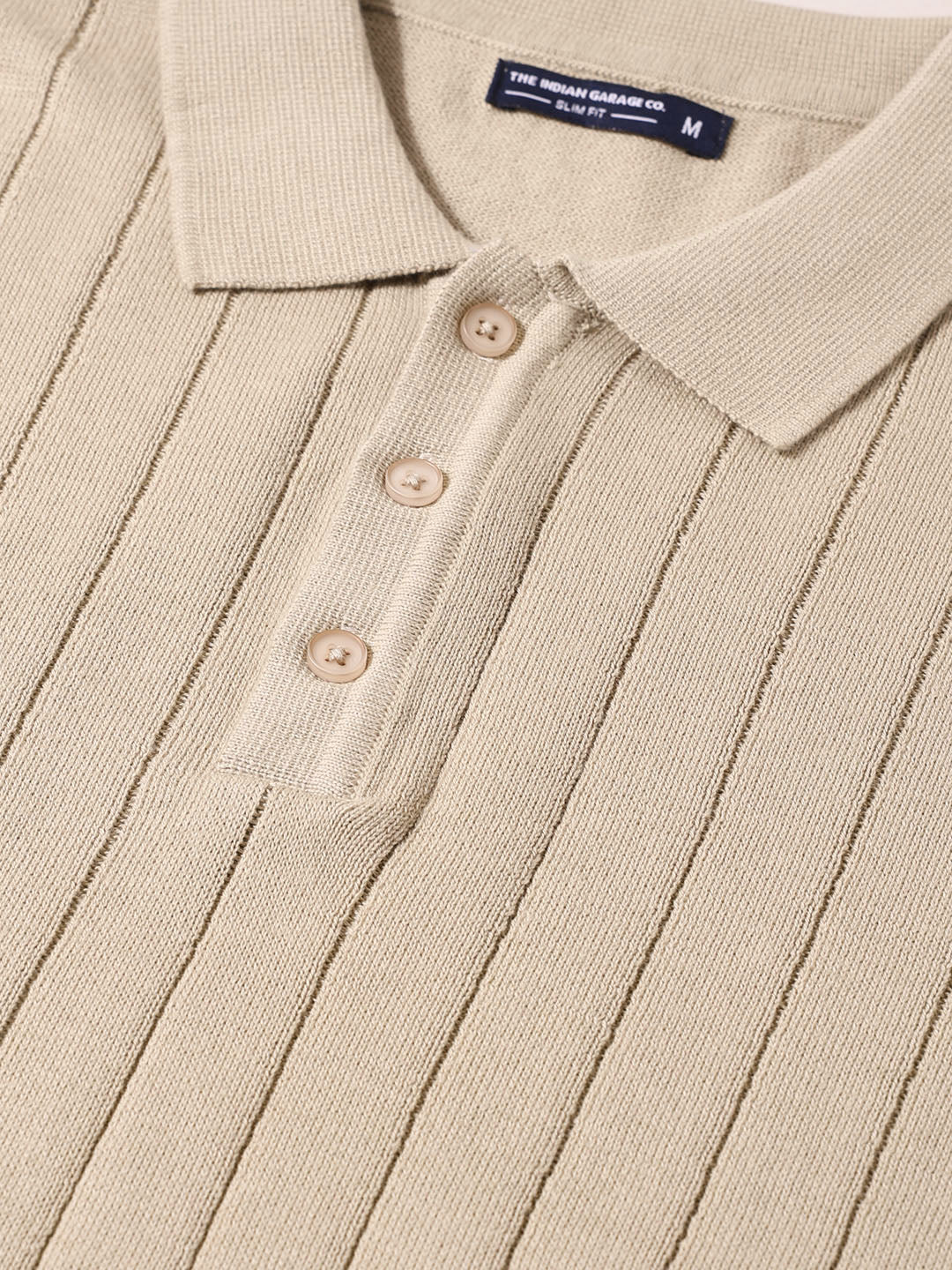 Men's Beige Slim Fit Solid Flat Knit Polo T-Shirt - Image 3