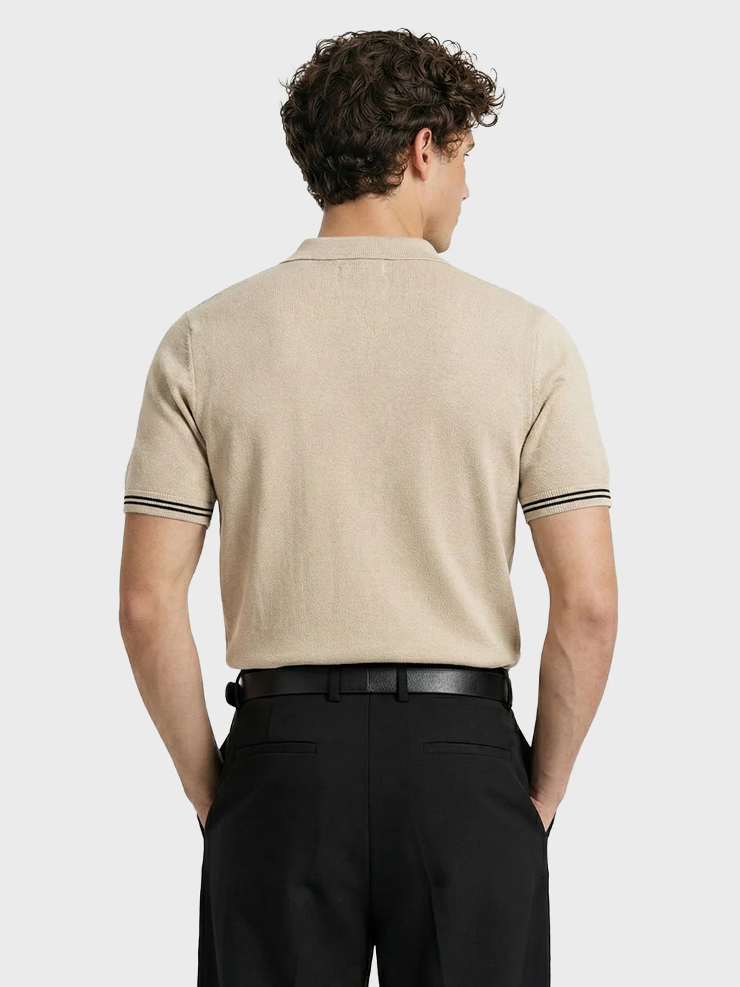 Men's Beige Slim Fit Solid Flat Knit Polo T-Shirt - Image 4