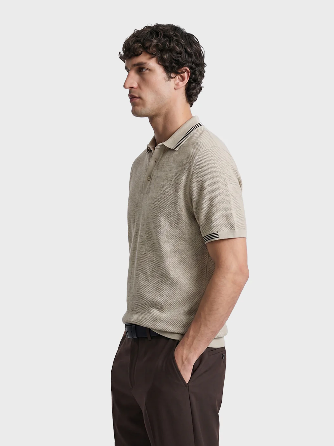 Men's Beige Slim Fit Solid Casual Polo T-Shirt - Image 4