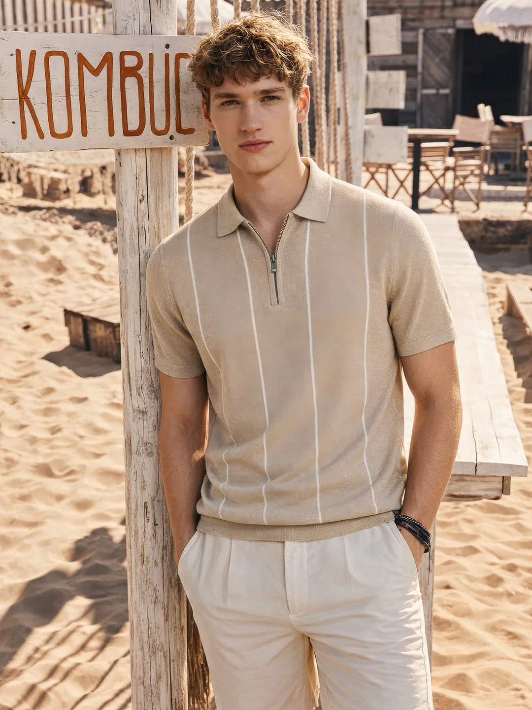Men's Beige Slim Fit Striped Flat Knit Polo T-Shirt
