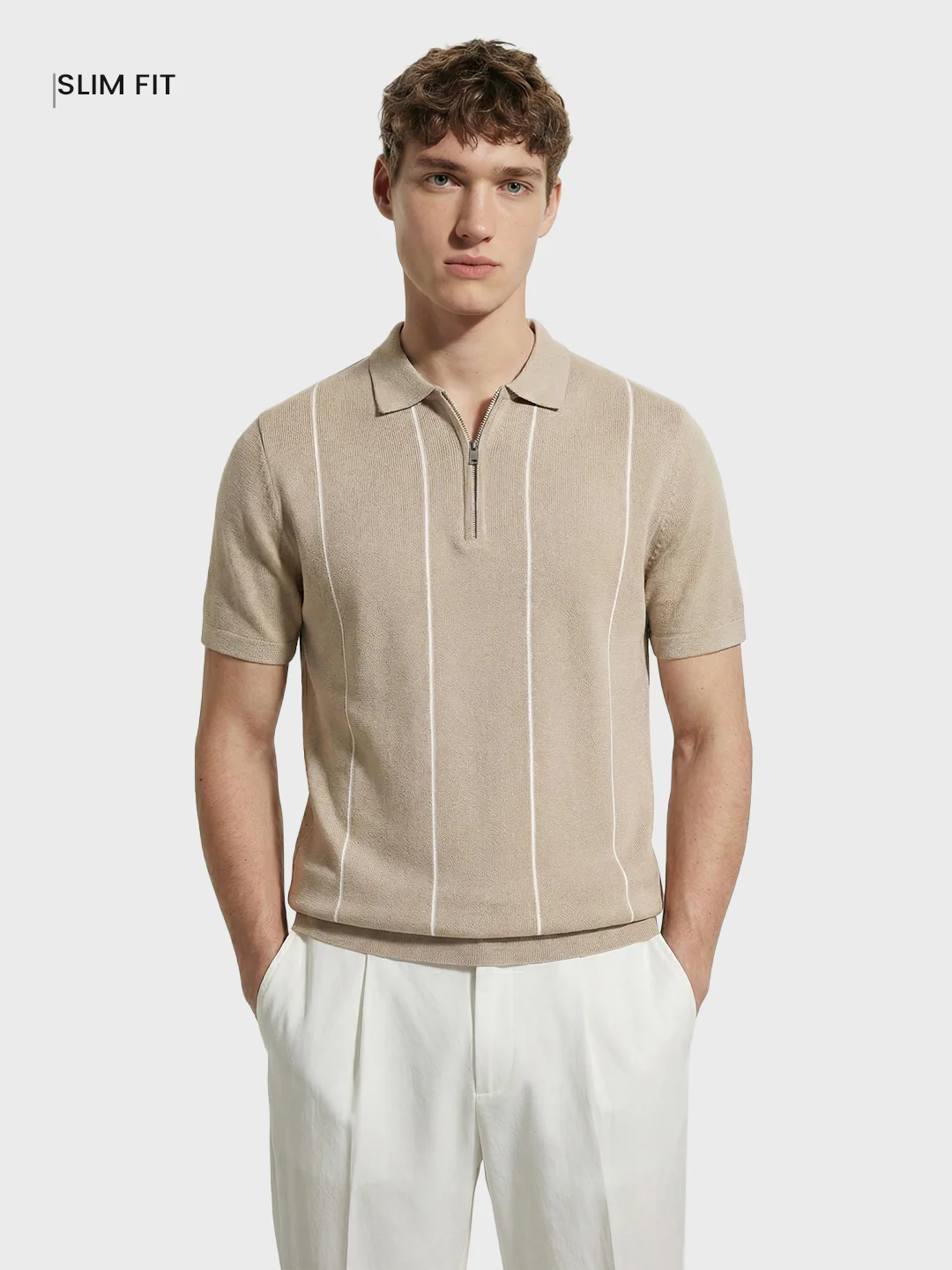 Men's Beige Slim Fit Striped Flat Knit Polo T-Shirt - Image 2
