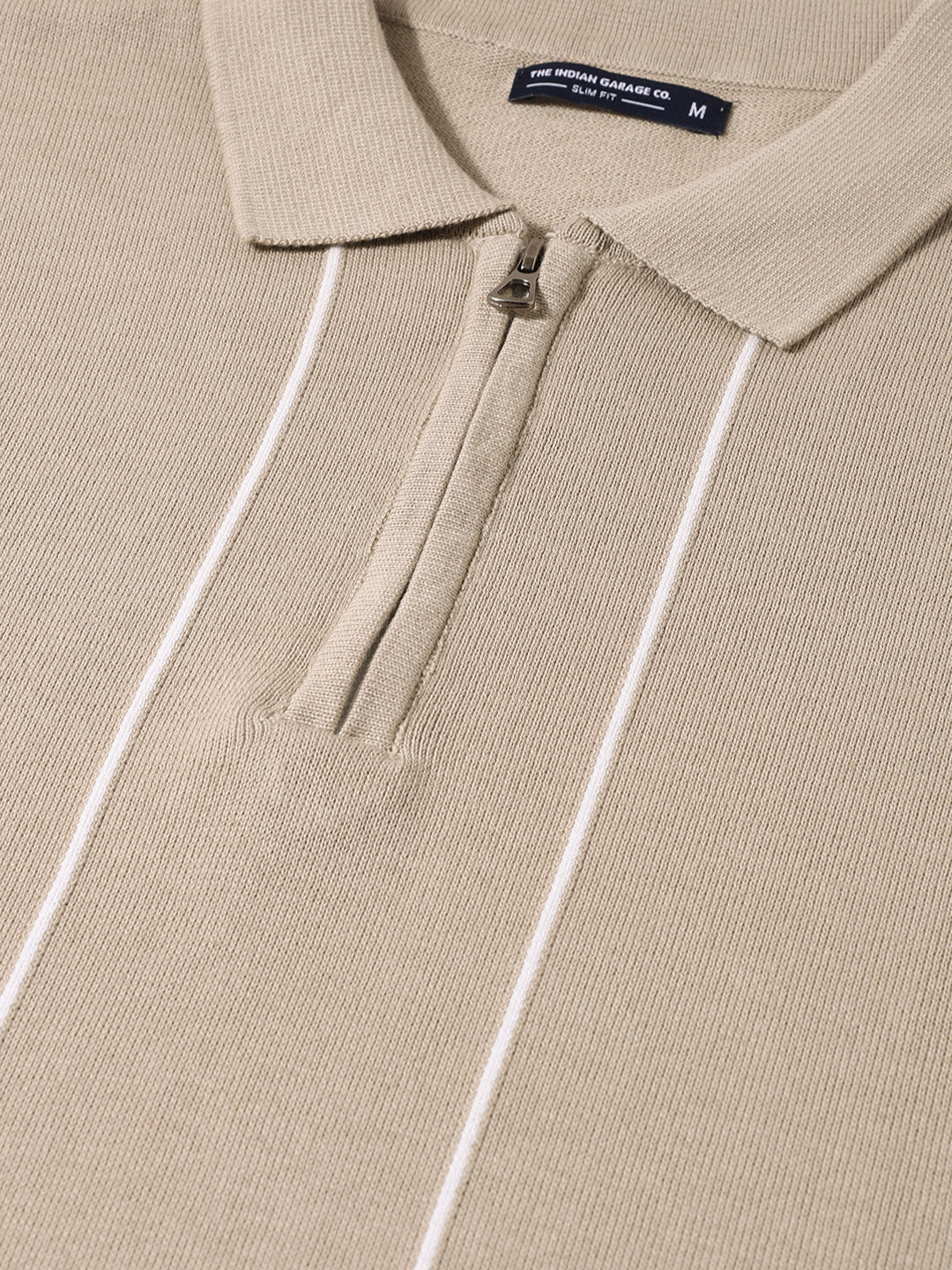 Men's Beige Slim Fit Striped Flat Knit Polo T-Shirt - Image 3