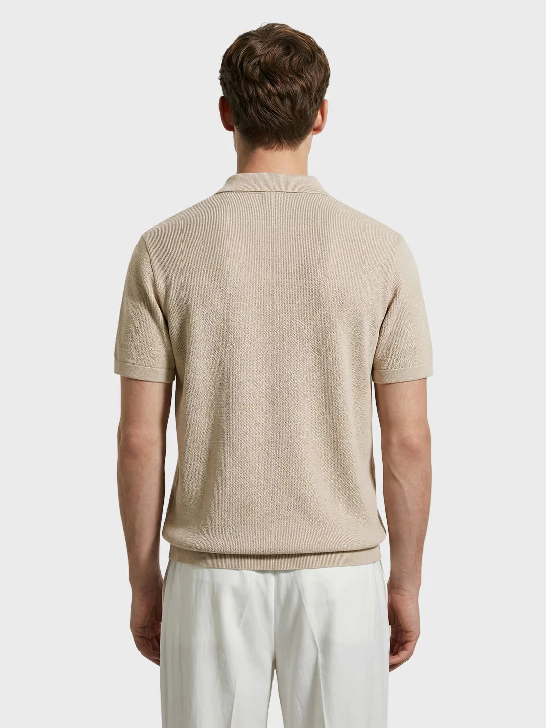 Men's Beige Slim Fit Striped Flat Knit Polo T-Shirt - Image 4