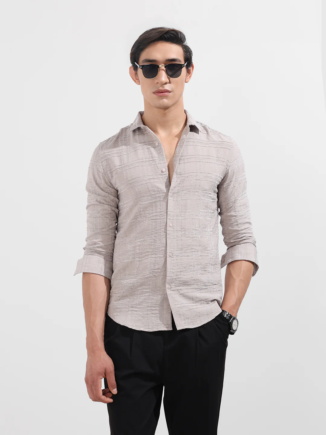 Men's Beige Slim Fit Textured Party Wear Shirt