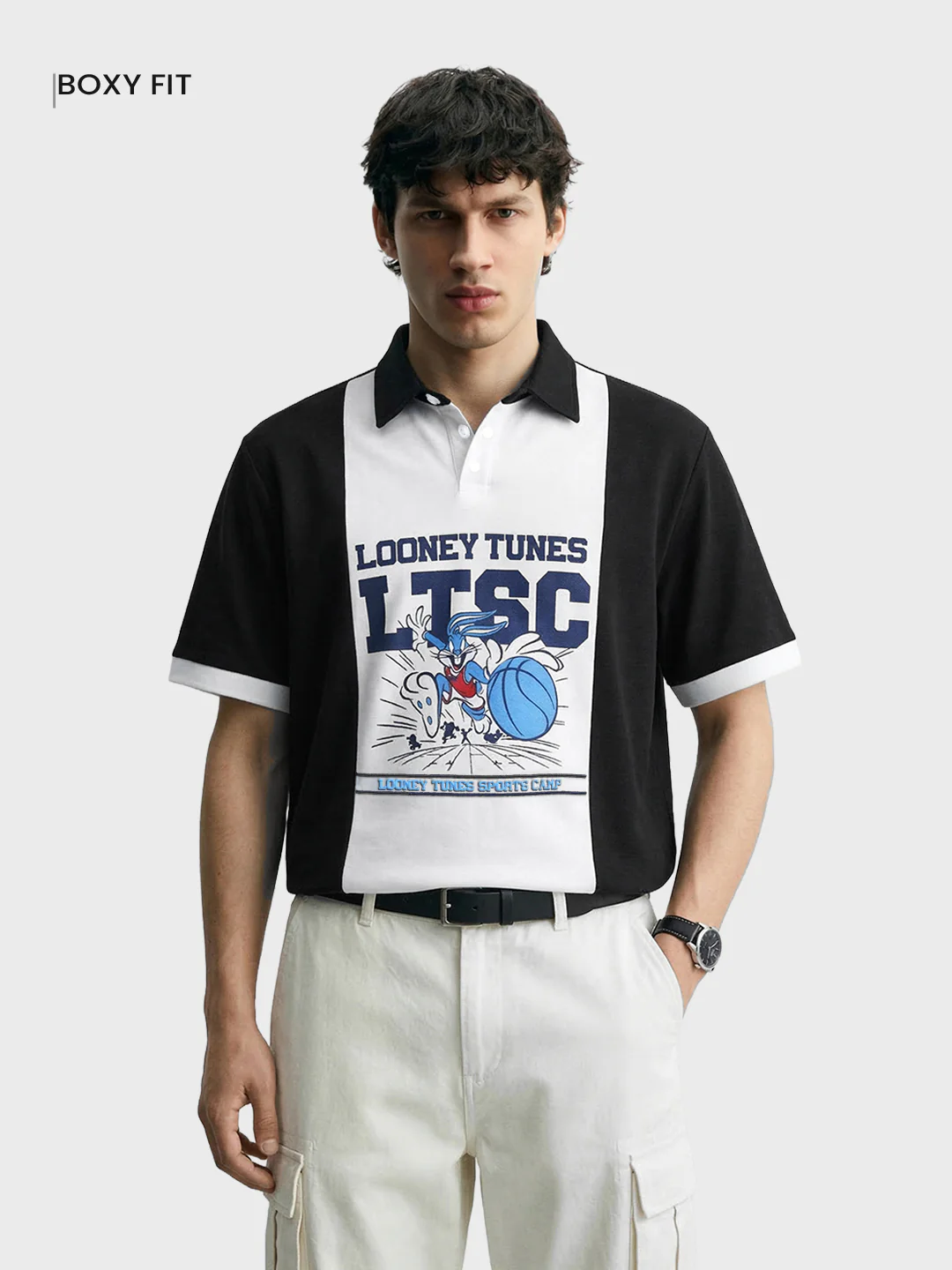 Men's Black Boxy Fit Loony Tune character Polo T-Shirt - Image 2