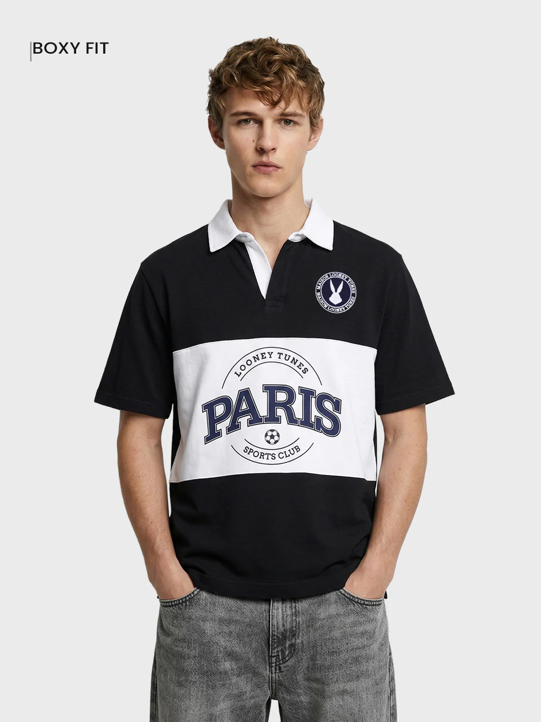 Men's Black Boxy Fit Loony Tune character Polo T-Shirt - Image 4