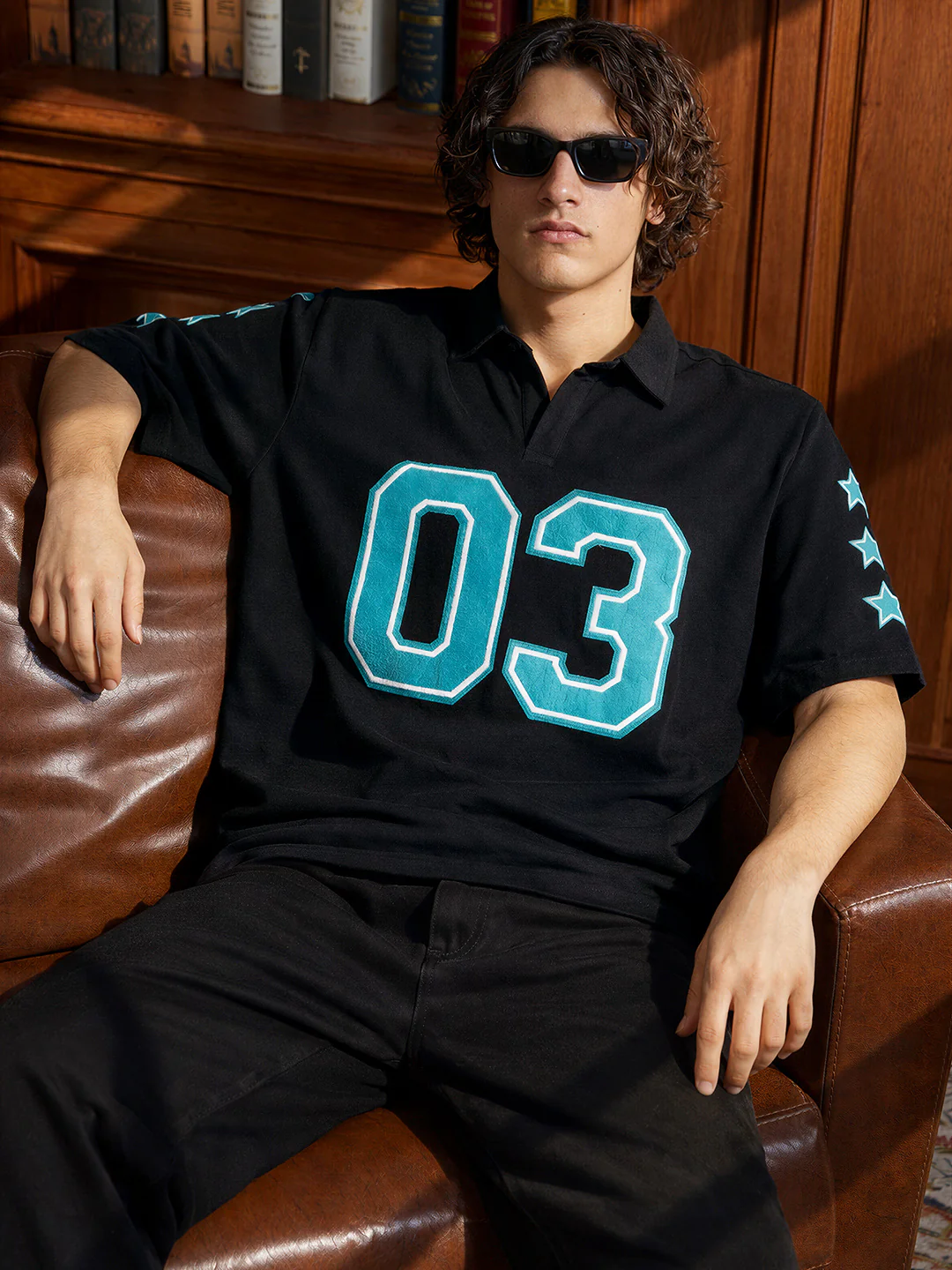 Men's Black Boxy Fit Printed Casual Polo T-Shirt