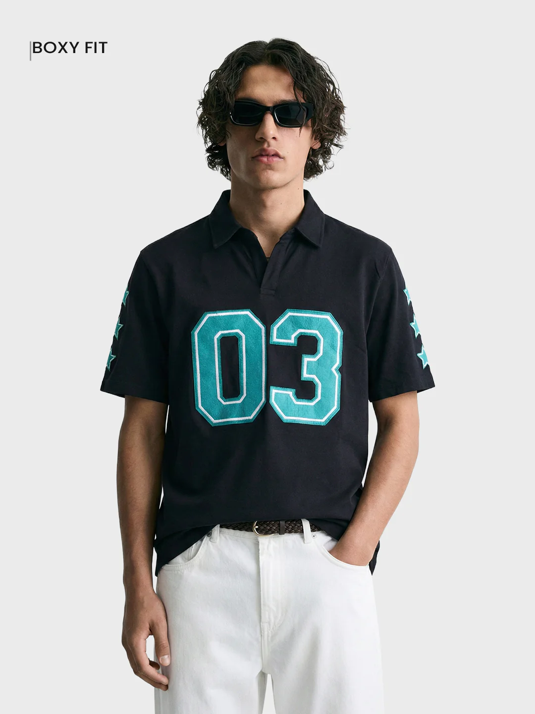 Men's Black Boxy Fit Printed Casual Polo T-Shirt - Image 2