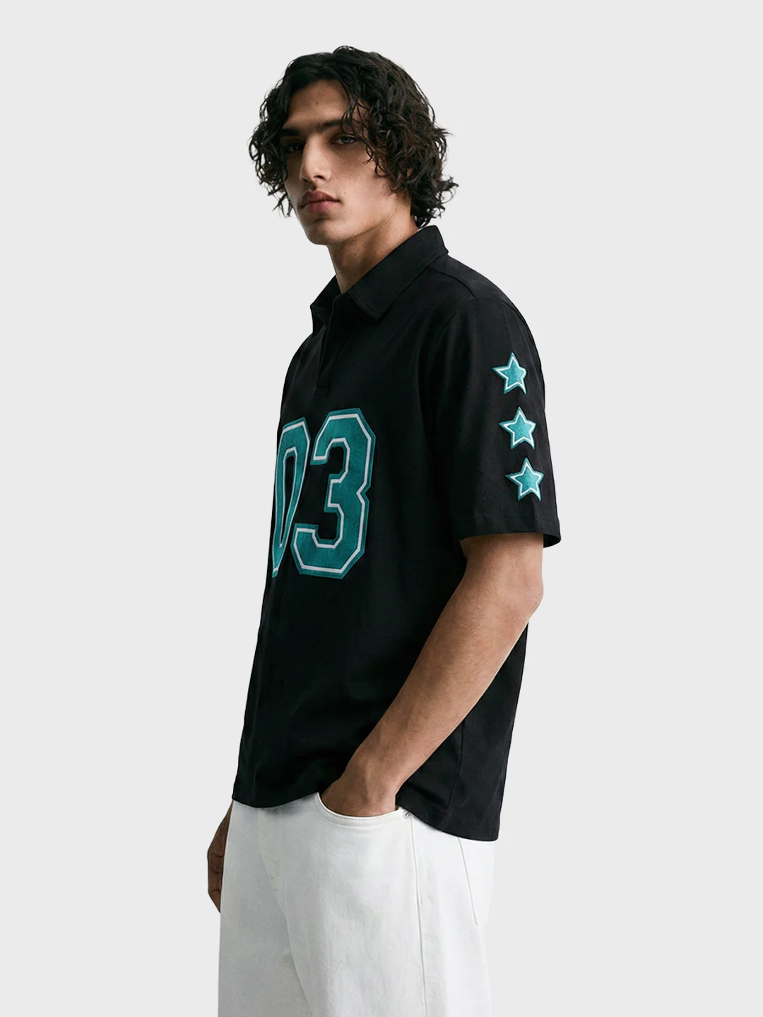Men's Black Boxy Fit Printed Casual Polo T-Shirt - Image 4