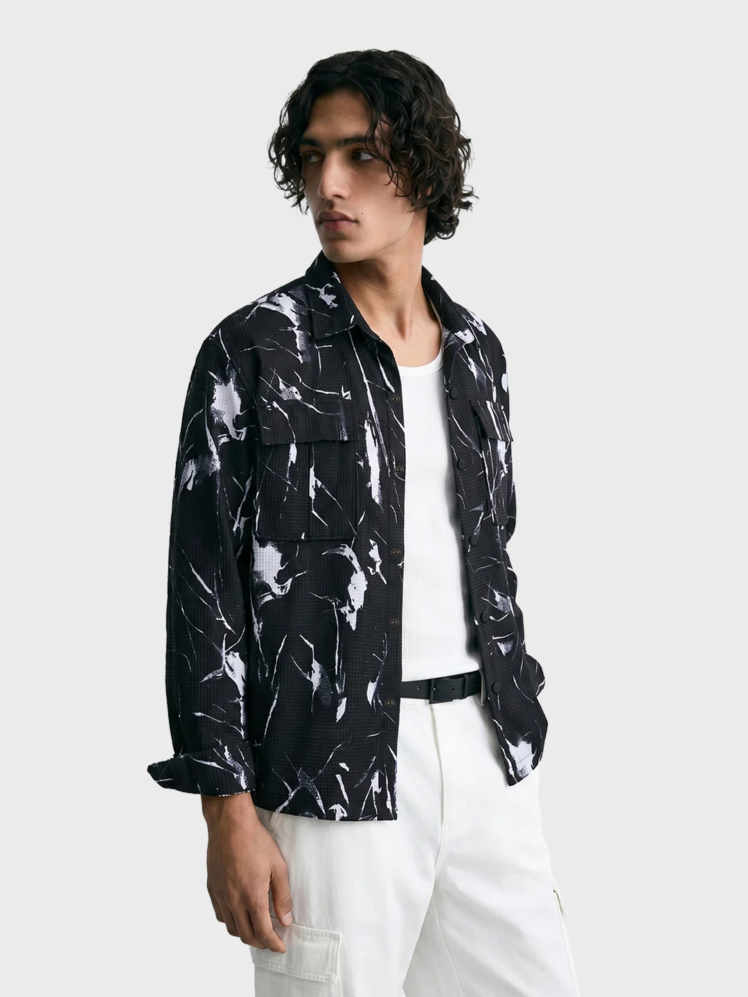 Men's Black Boxy Fit Printed Utility Shirt - Image 4