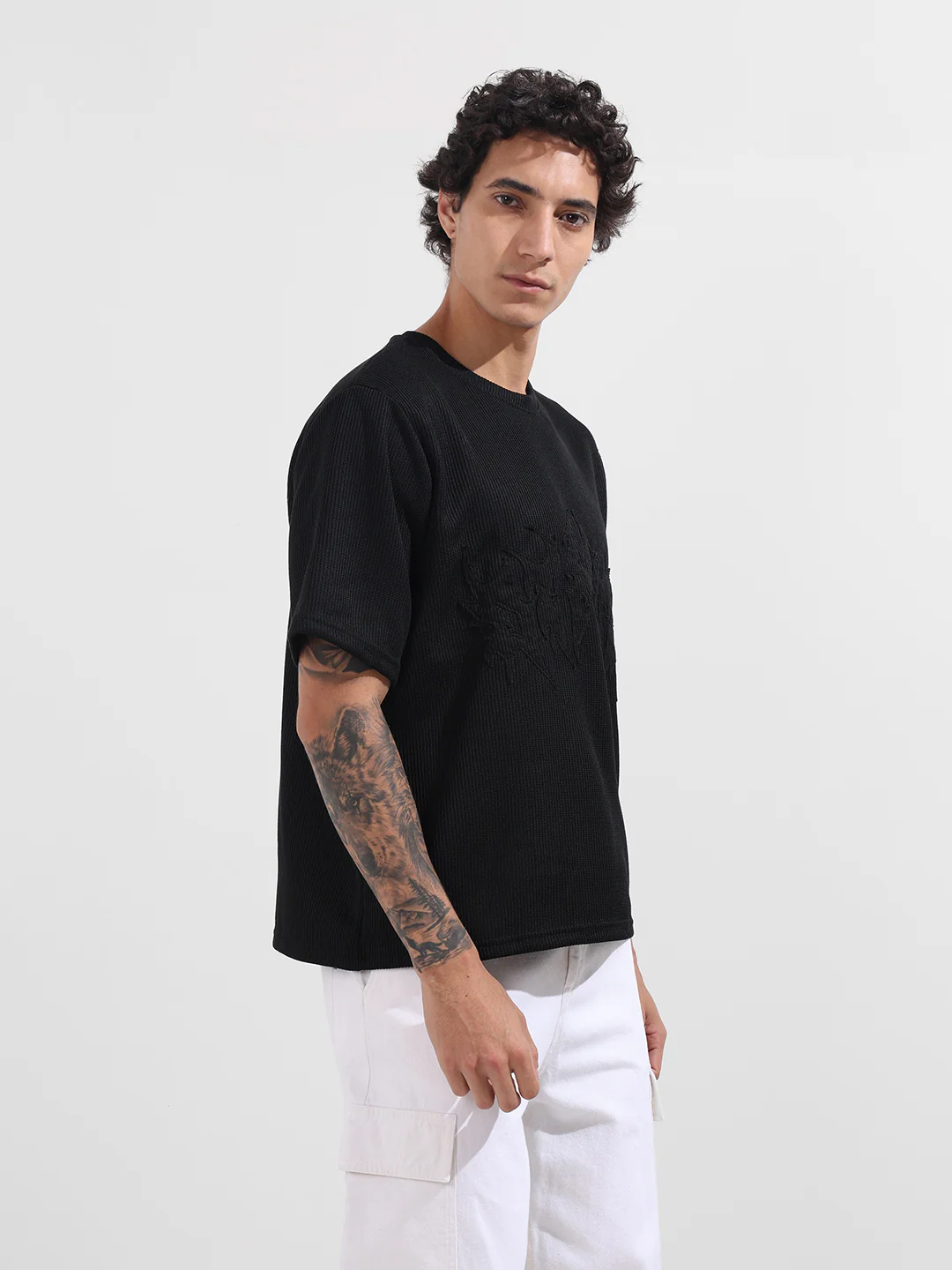 Men's Black Boxy Fit Textured Casual T-Shirt - Image 4