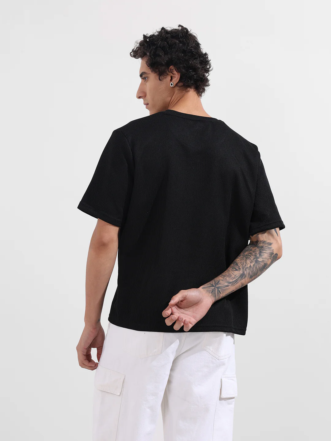 Men's Black Boxy Fit Textured Casual T-Shirt - Image 6
