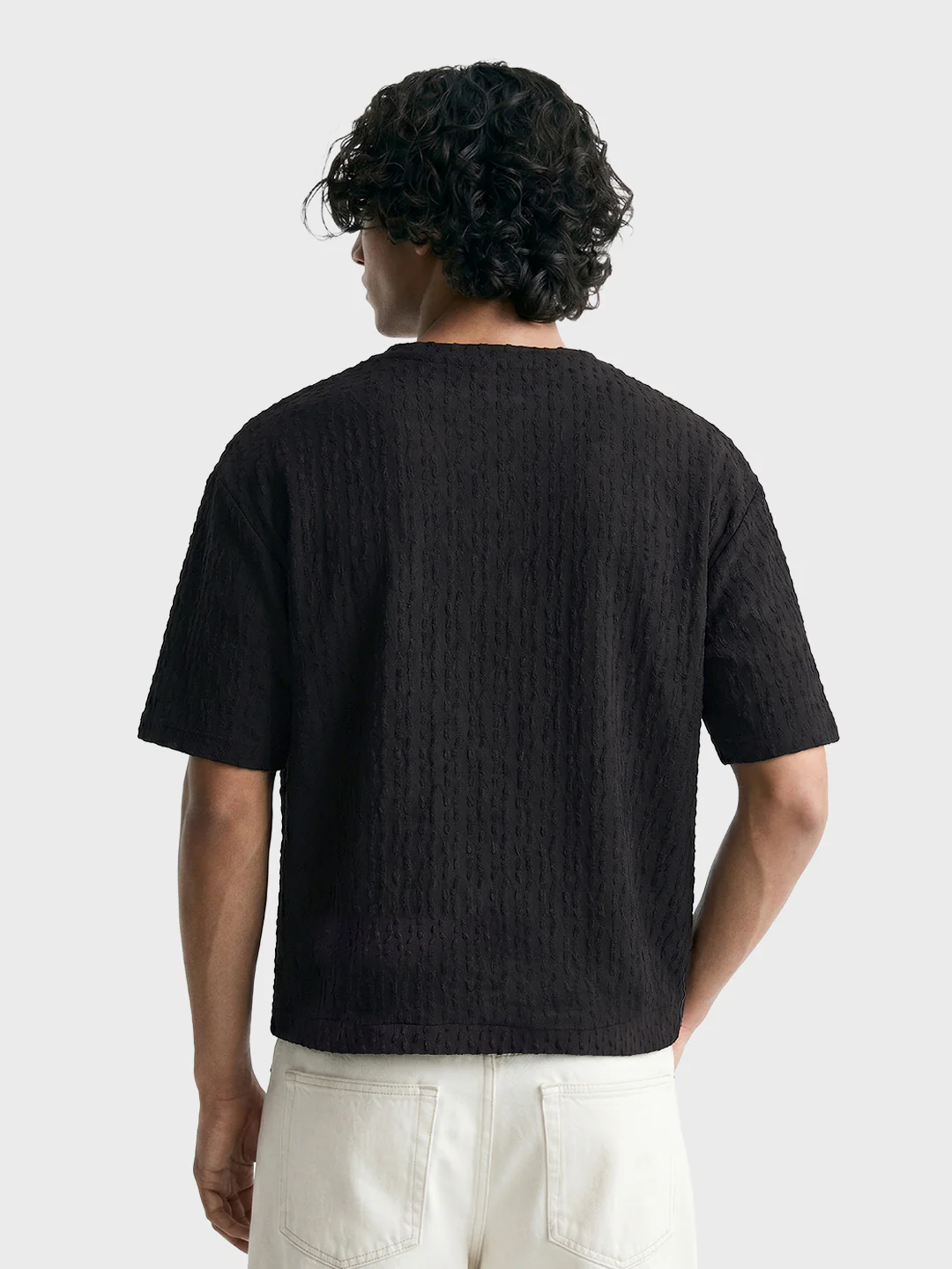 Men's Black Boxy Fit Textured Resort Wear T-Shirt - Image 4