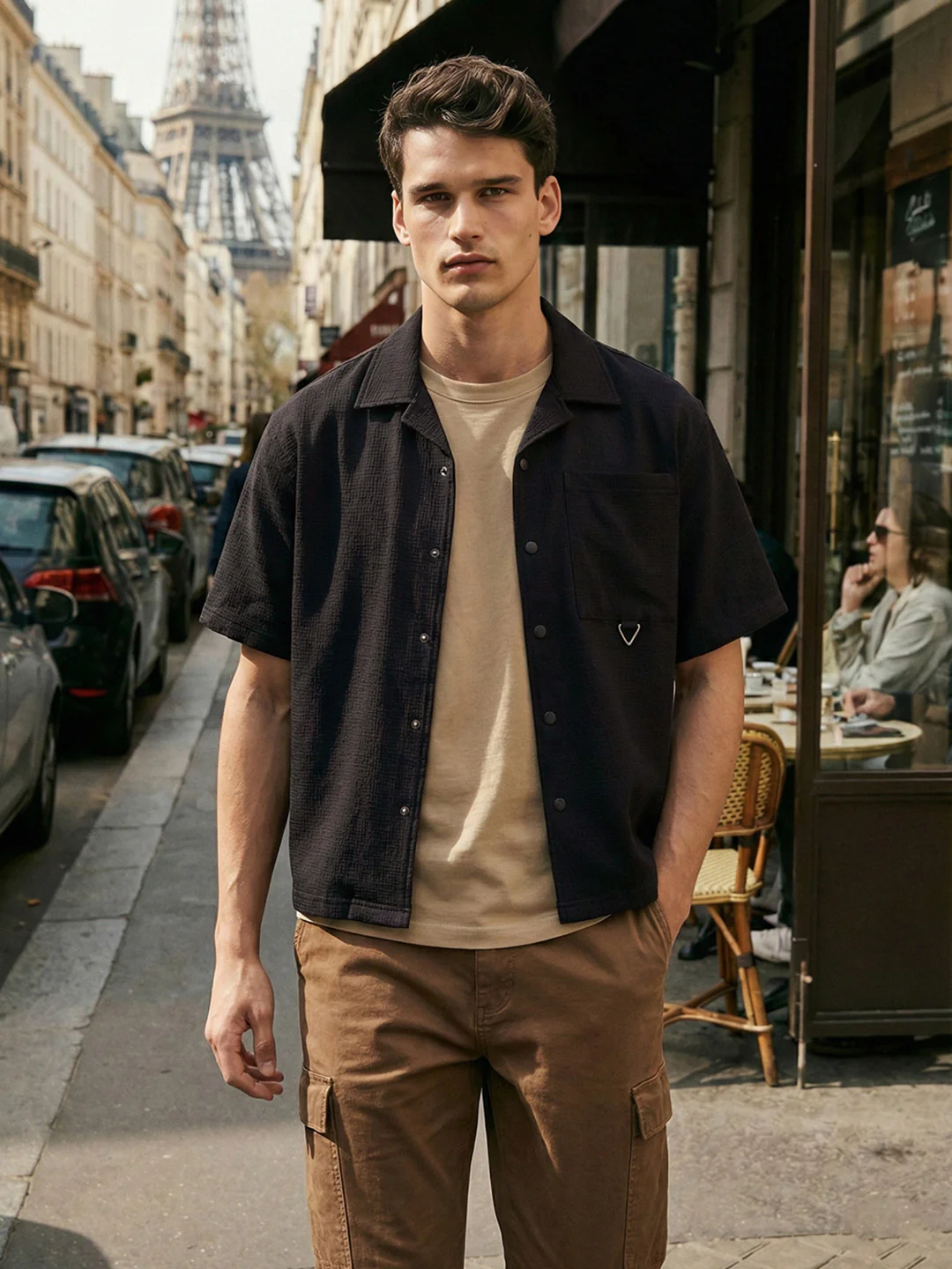 Men's Black Boxy Fit Textured Utility Shirt