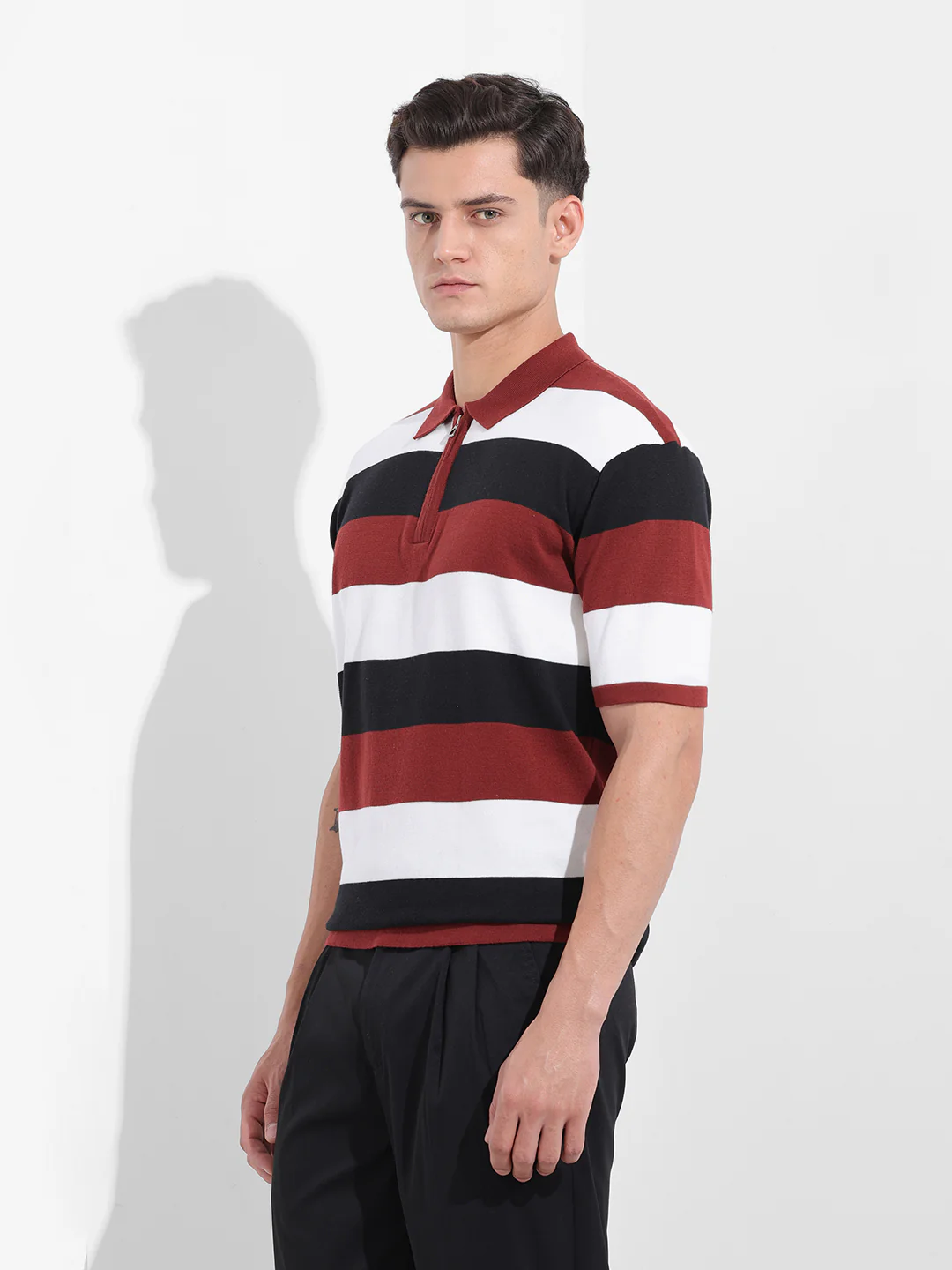 Men's Black Oversized Fit Textured Flat Knit Polo T-Shirt - Image 2