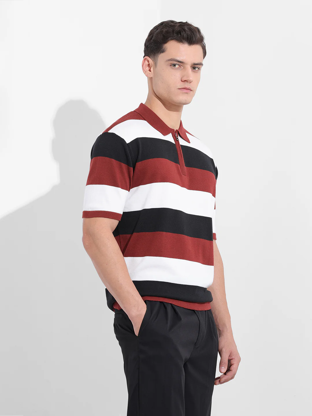 Men's Black Oversized Fit Textured Flat Knit Polo T-Shirt - Image 4