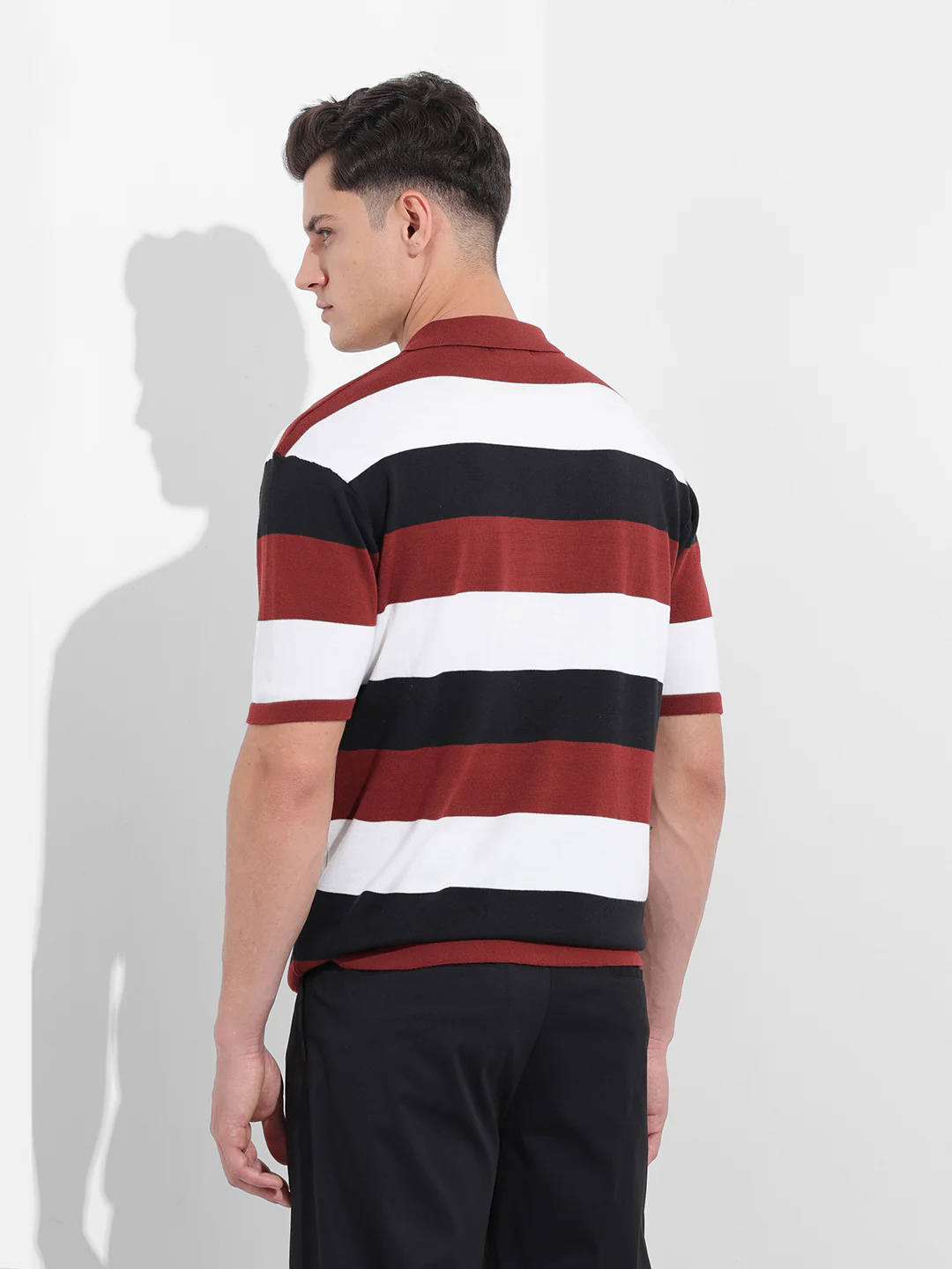 Men's Black Oversized Fit Textured Flat Knit Polo T-Shirt - Image 5
