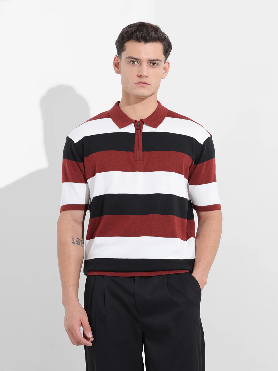 Men's Black Oversized Fit Textured Flat Knit Polo T-Shirt - Image 7