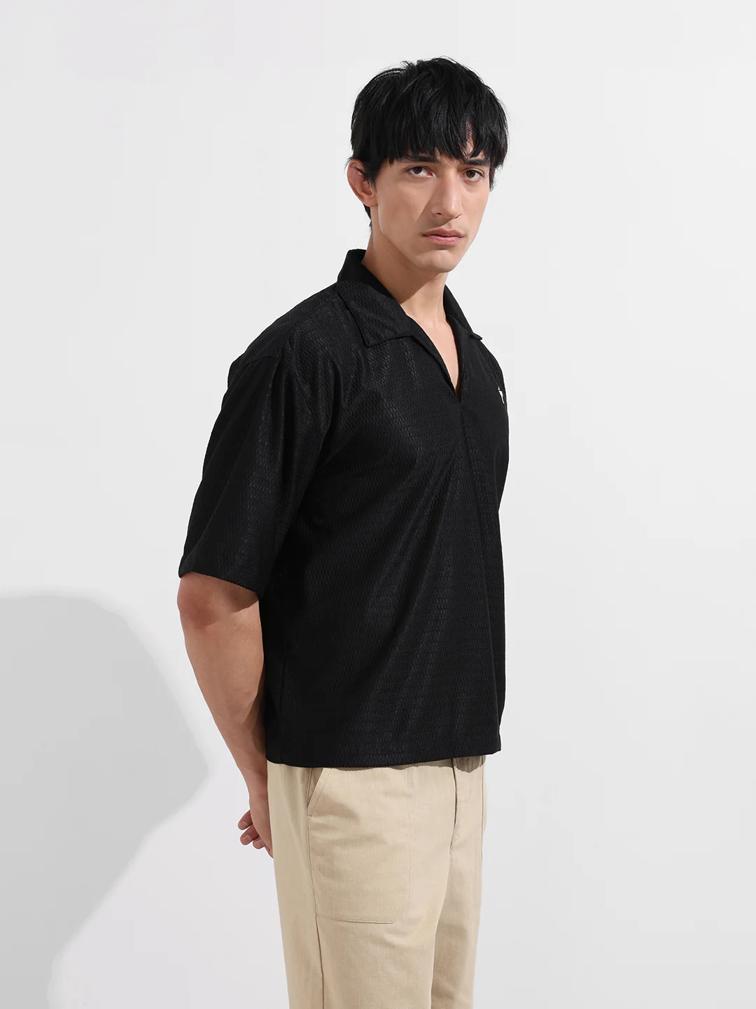 Men's Black Oversized Fit Resort Wear Textured Shirt - Image 4