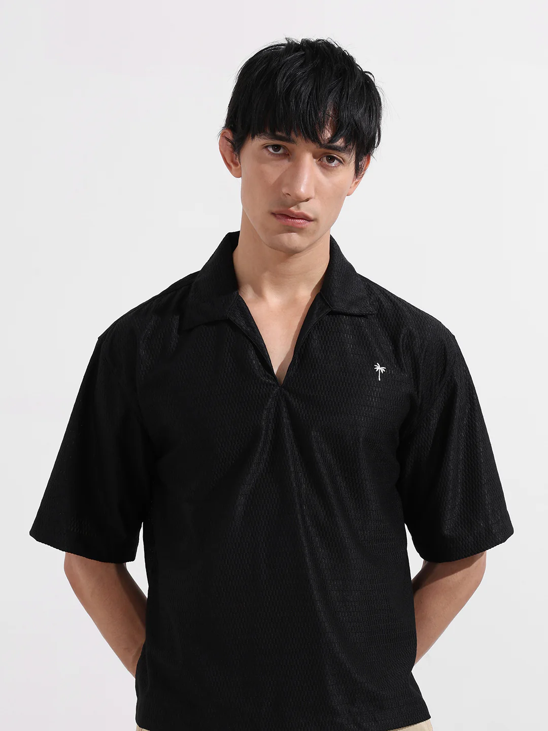 Men's Black Oversized Fit Resort Wear Textured Shirt - Image 5