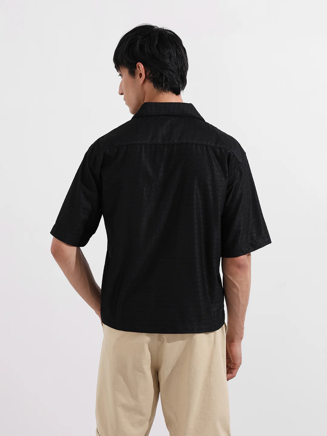 Men's Black Oversized Fit Resort Wear Textured Shirt - Image 6
