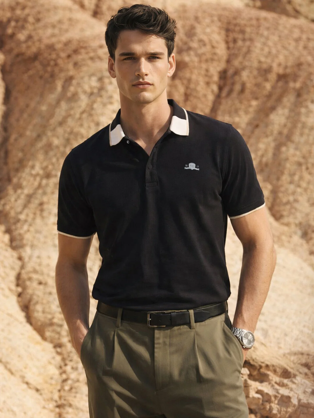 Men's Black Regular Fit Embroidered Casual Polo T-Shirts