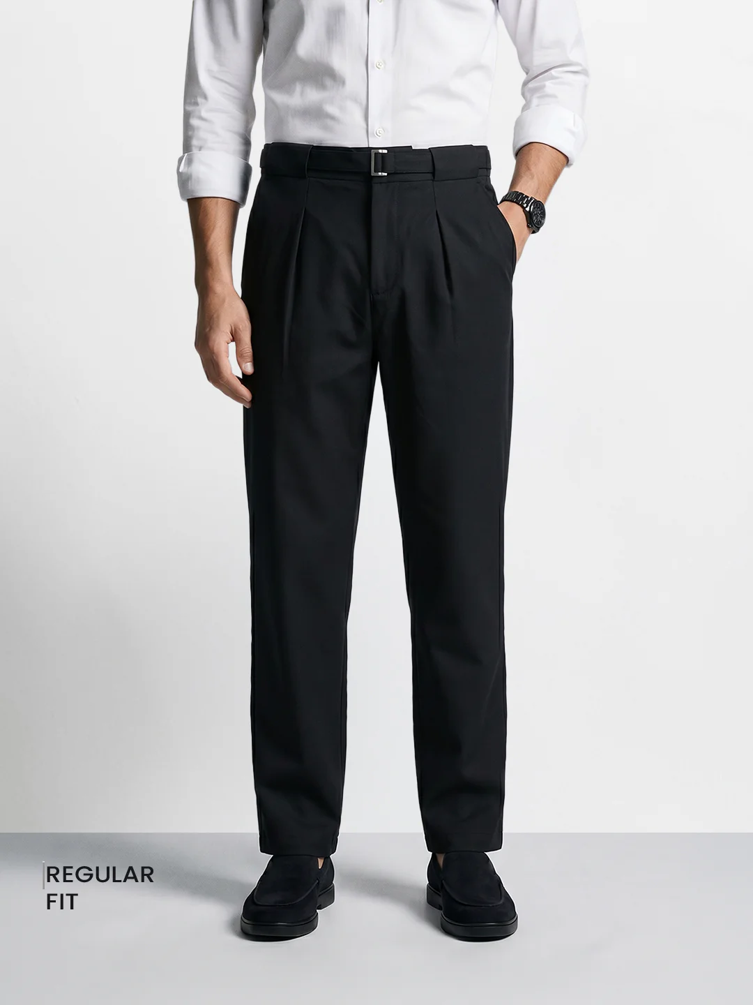 Men's Black Regular Fit Solid Casual Trousers - Image 2