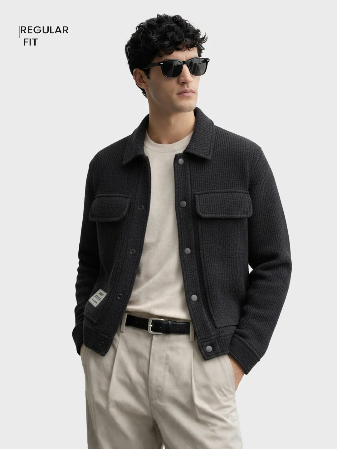 Men's Black Regular Fit Textured Casual Biker Jacket