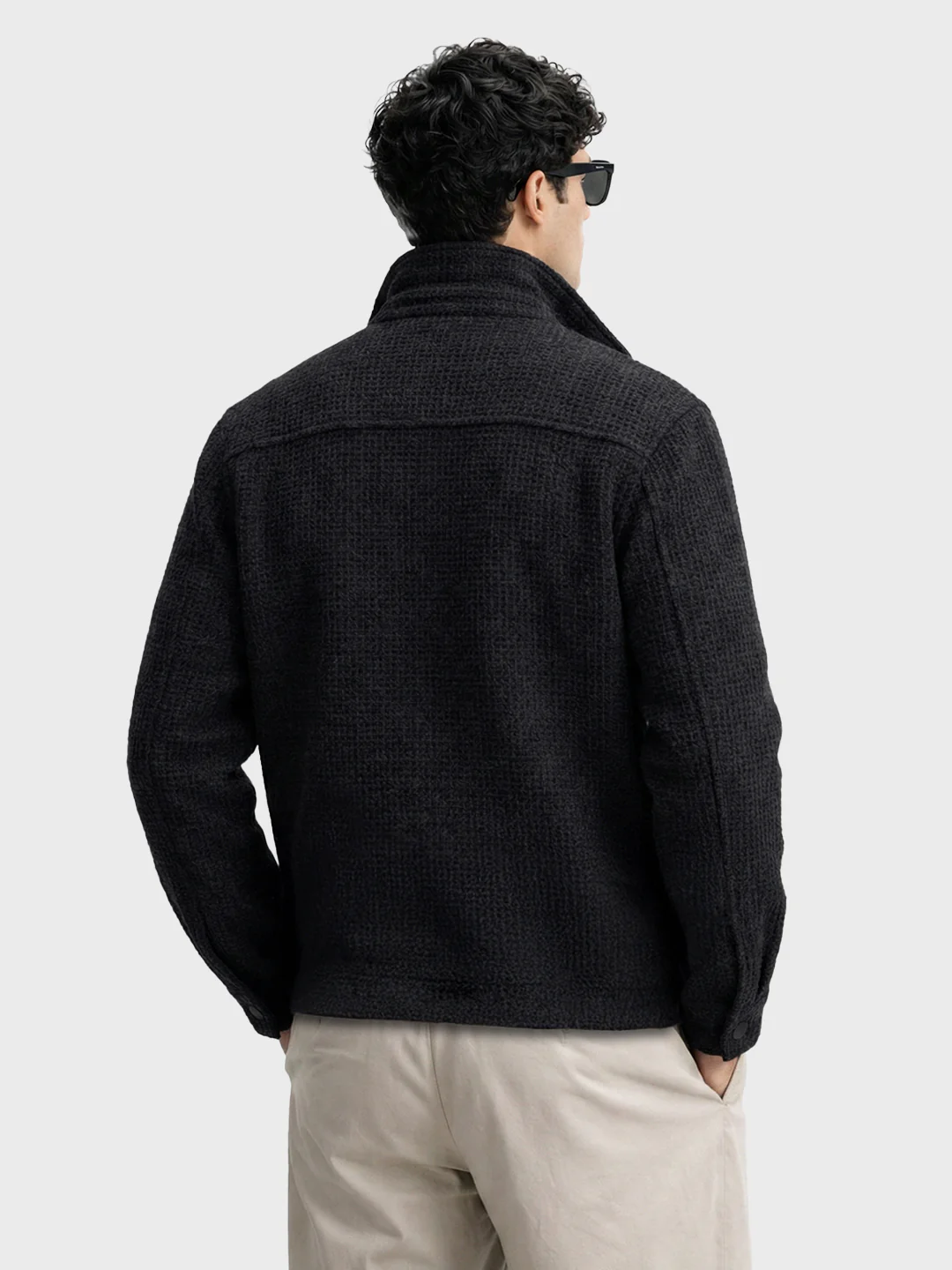 Men's Black Regular Fit Textured Casual Biker Jacket - Image 5
