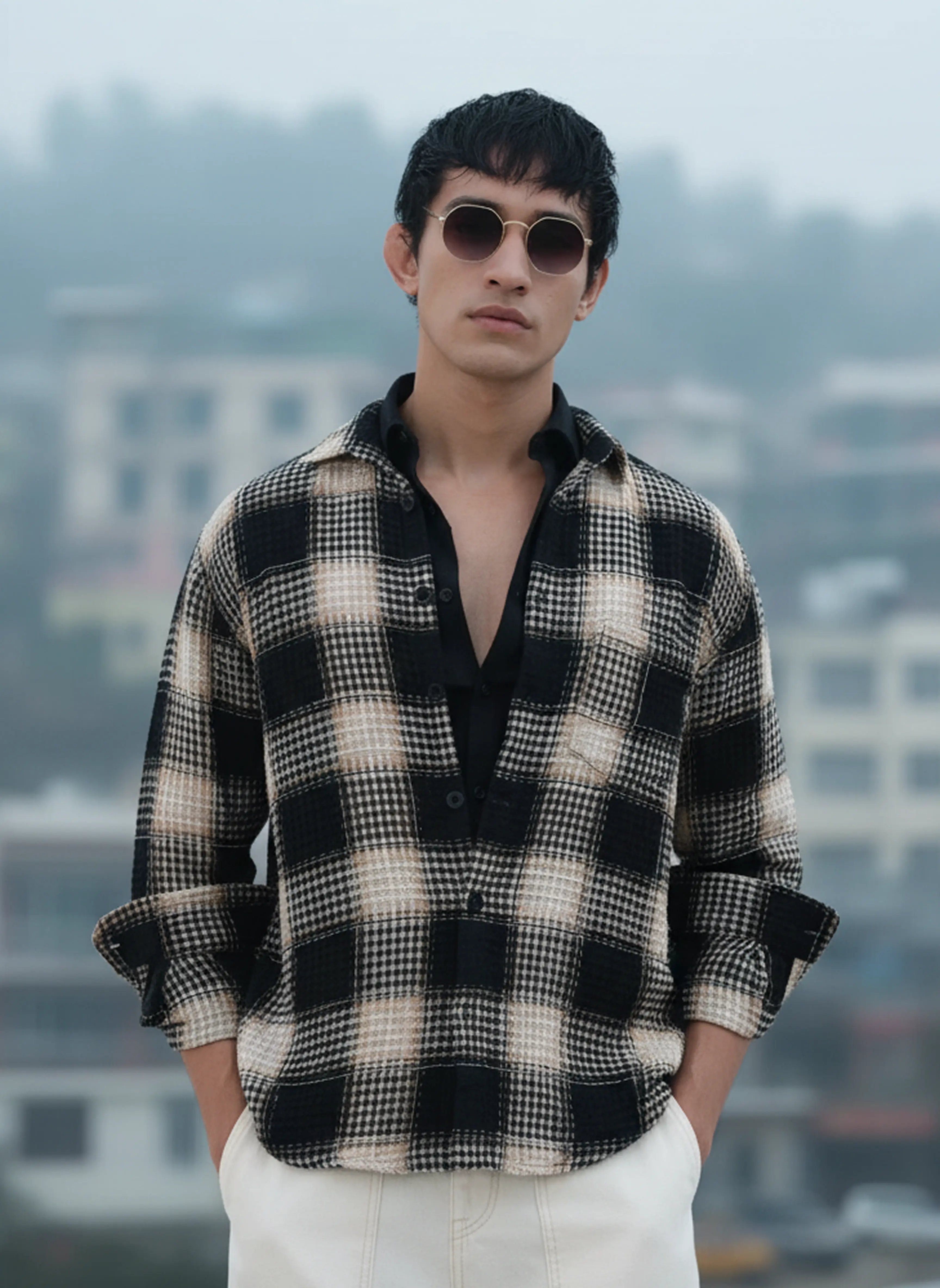 Men's Black Relaxed Fit Textured Casual Shirt