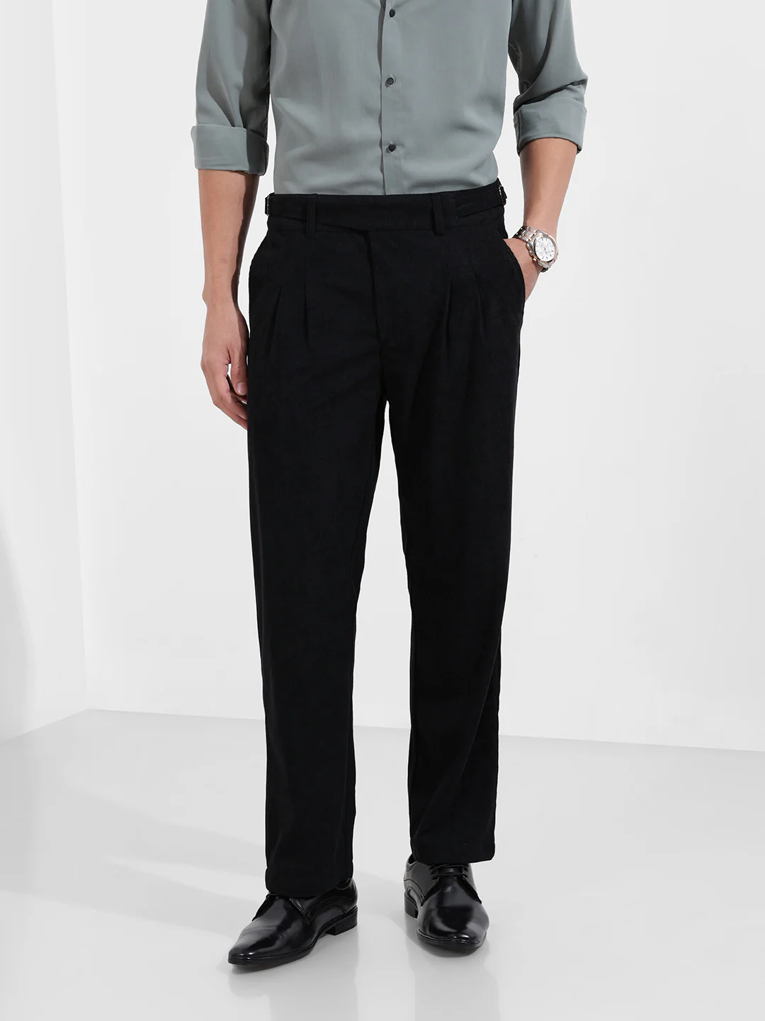 Men's Black Relaxed Fit Textured Casual Trousers