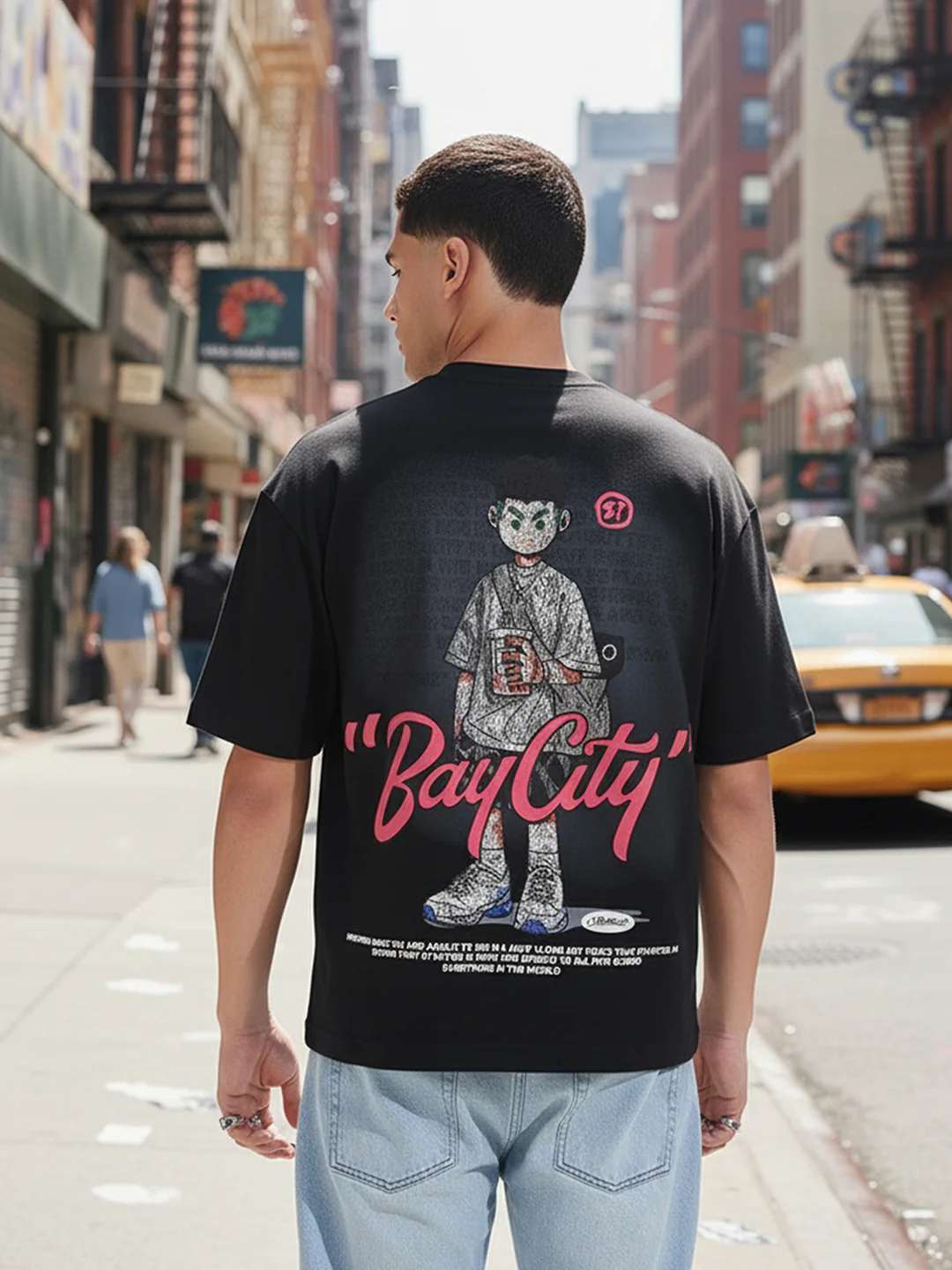 Men's Black Relaxed Fit Embroided 240 GSM Street Wear T-Shirt - Image 6